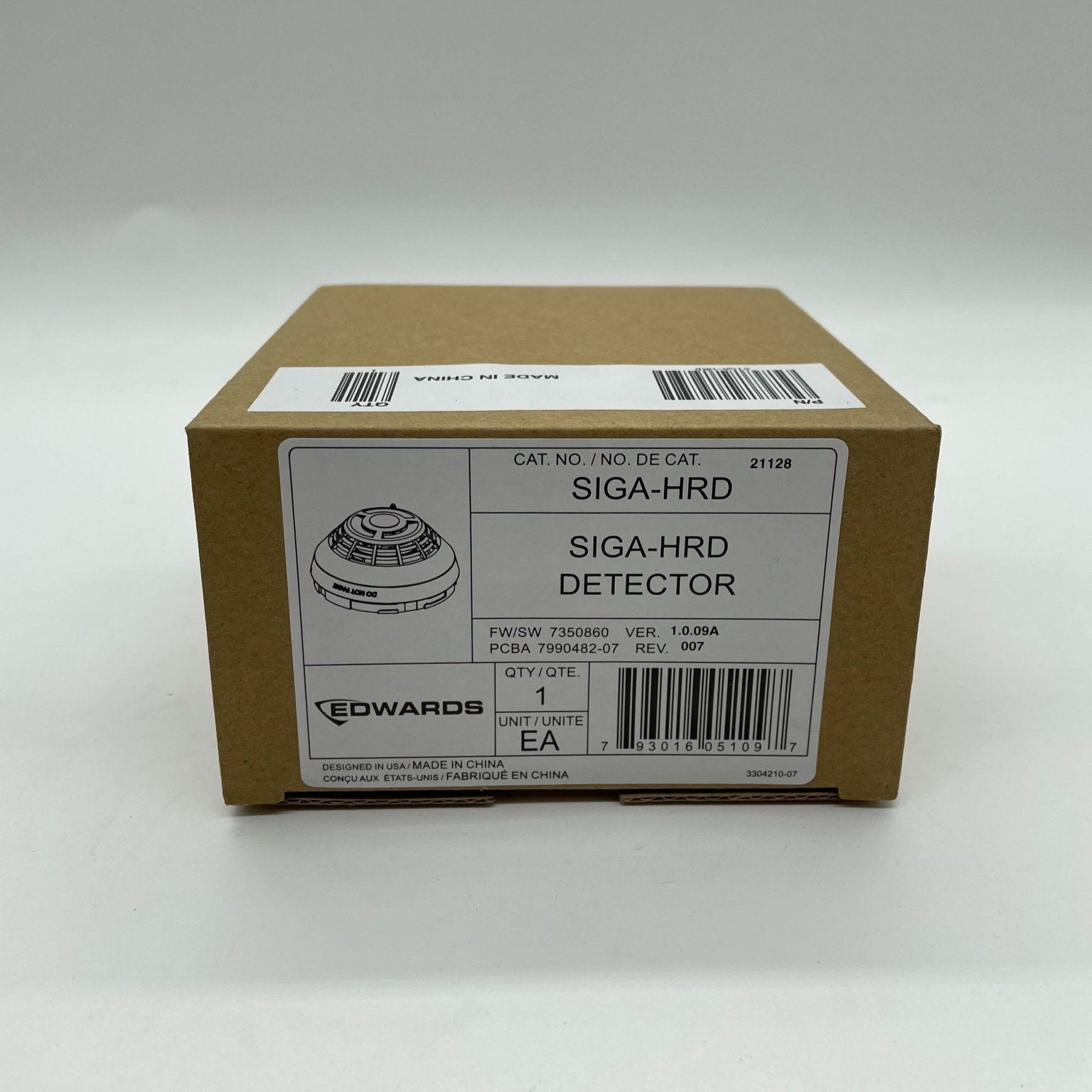 Edwards SIGA-HRD intelligent heat detector mounted on ceiling, part of Jem Systems Canada fire safety equipment.
