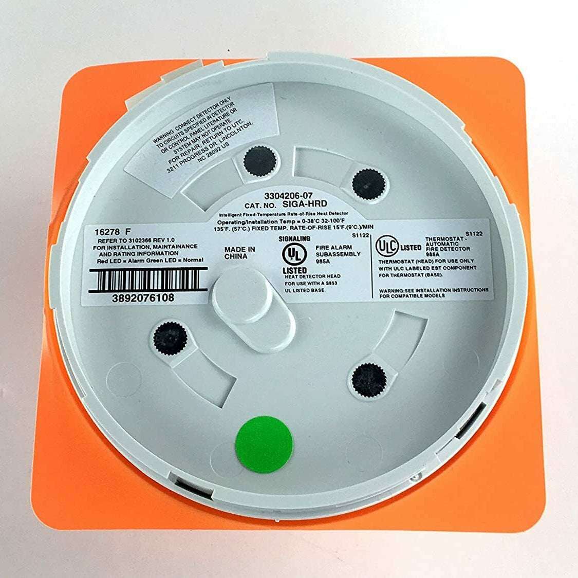 Edwards SIGA-HRD intelligent heat detector mounted on ceiling, part of UL-listed Edwards heat detection system.