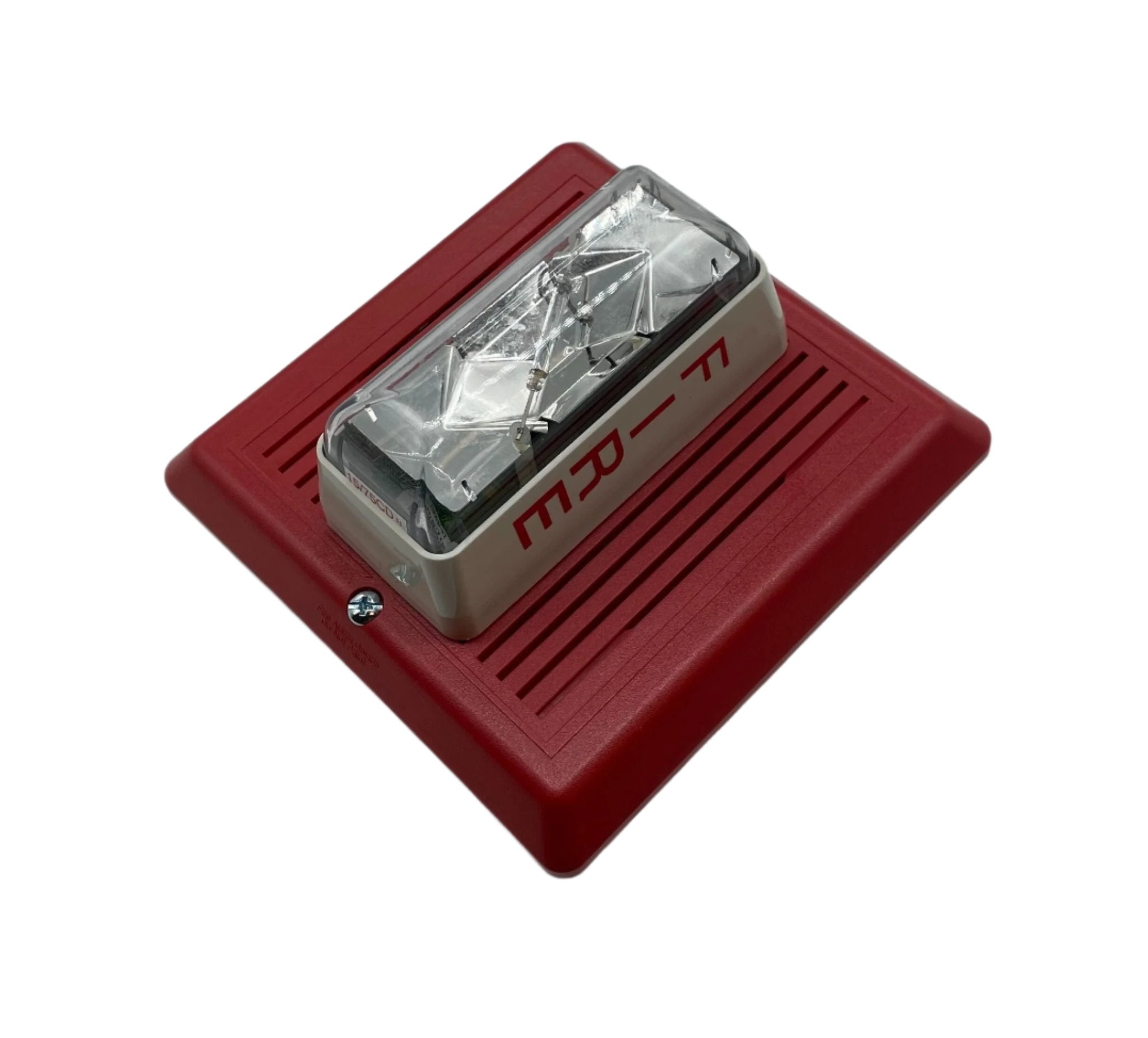 Edwards 757-7A-SS70 speaker strobe light mounted on ceiling, white safety alarm device with flashing strobe for emergency alert.