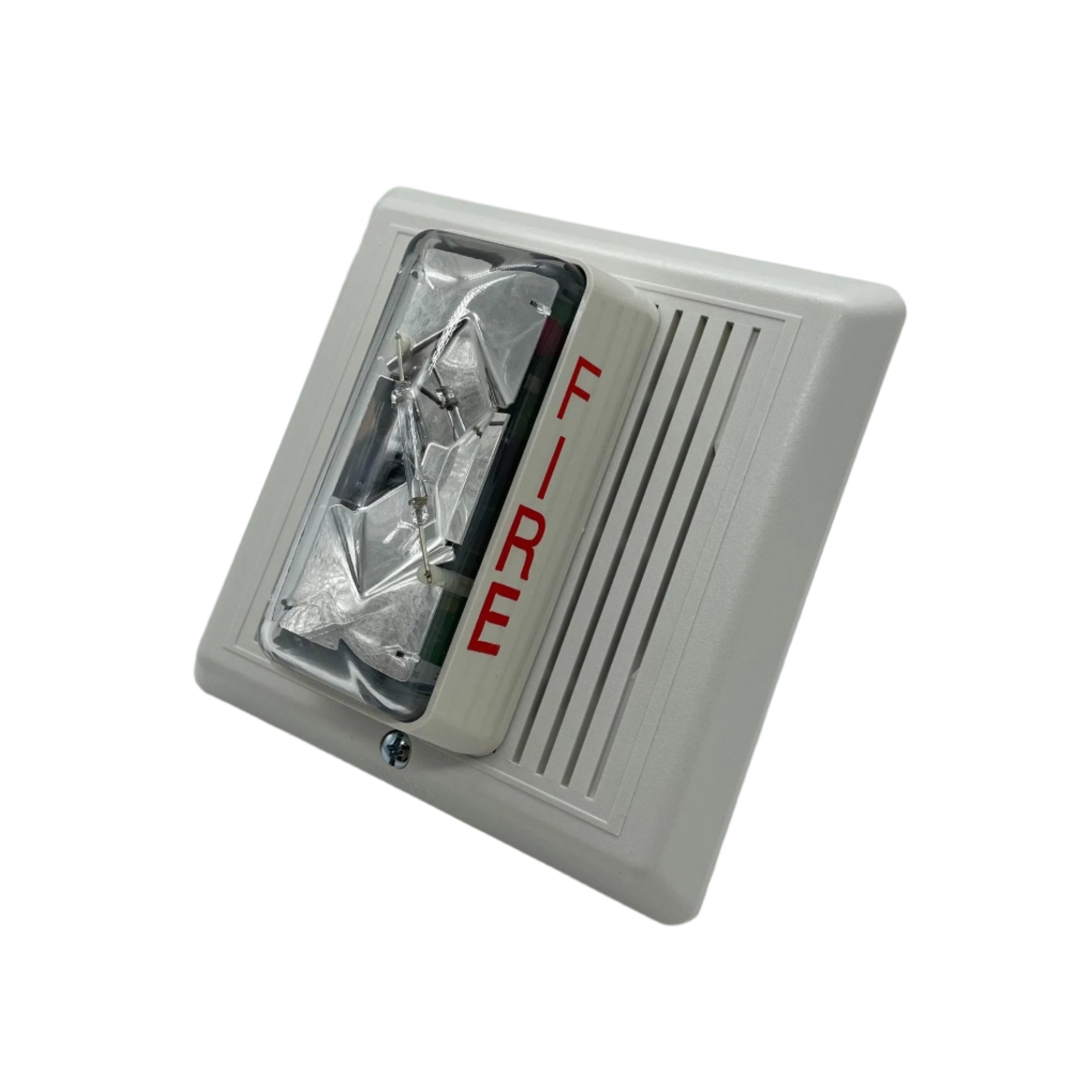 Edwards 757-7A-SS70W speaker strobe light mounted on a ceiling, showcasing its white enclosure and flashing light lens.