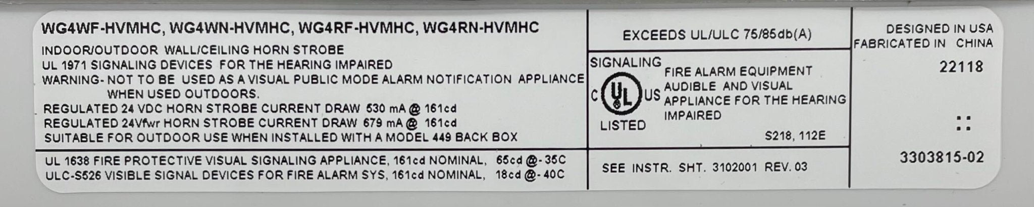 Edwards WG4RN-HVMHC horn strobe alarm device mounted, featuring a white horn with visible mounting hardware.