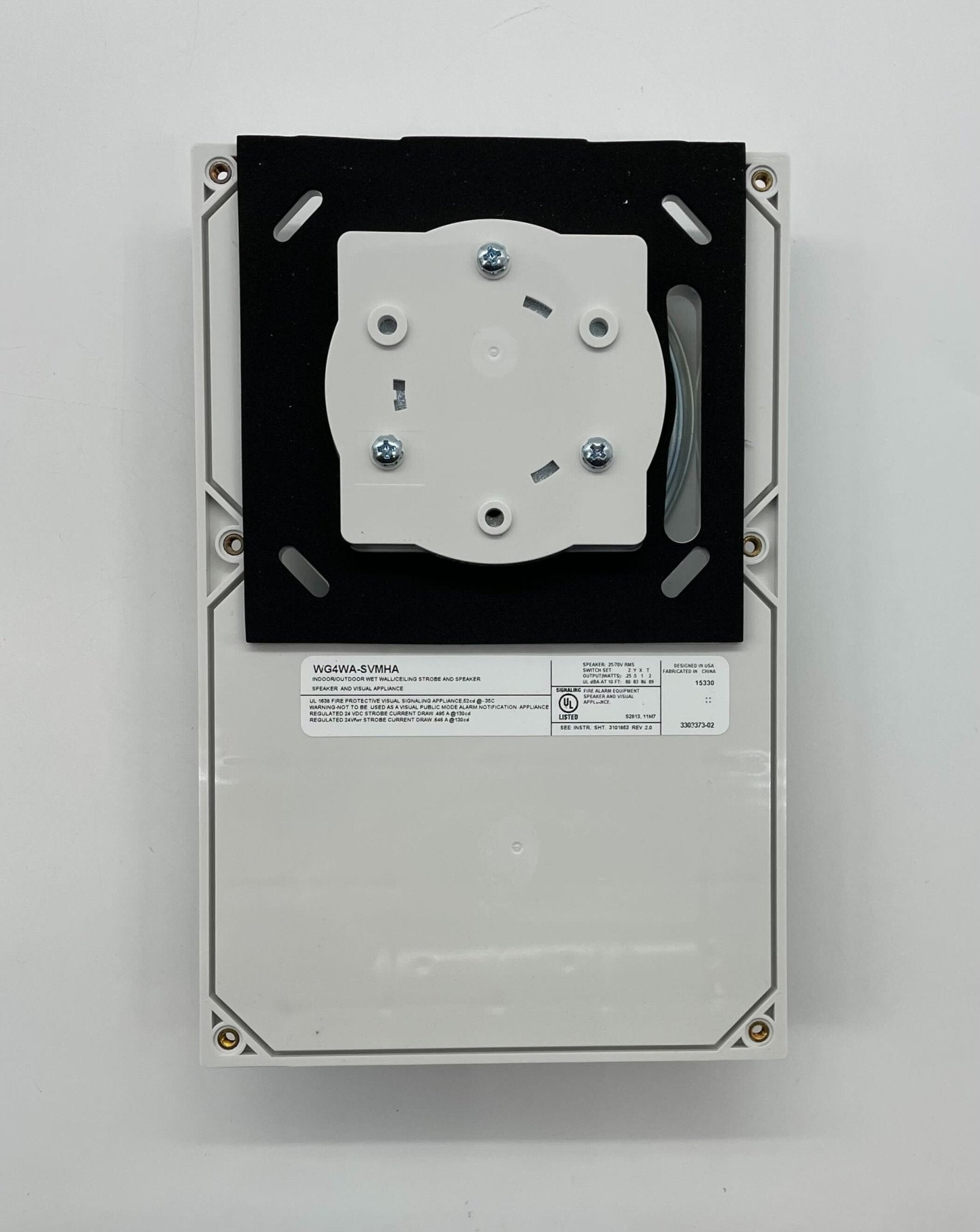 Edwards WG4WA-SVMHA speaker strobe with white housing and adjustable mounting bracket, designed for visual alert signaling.