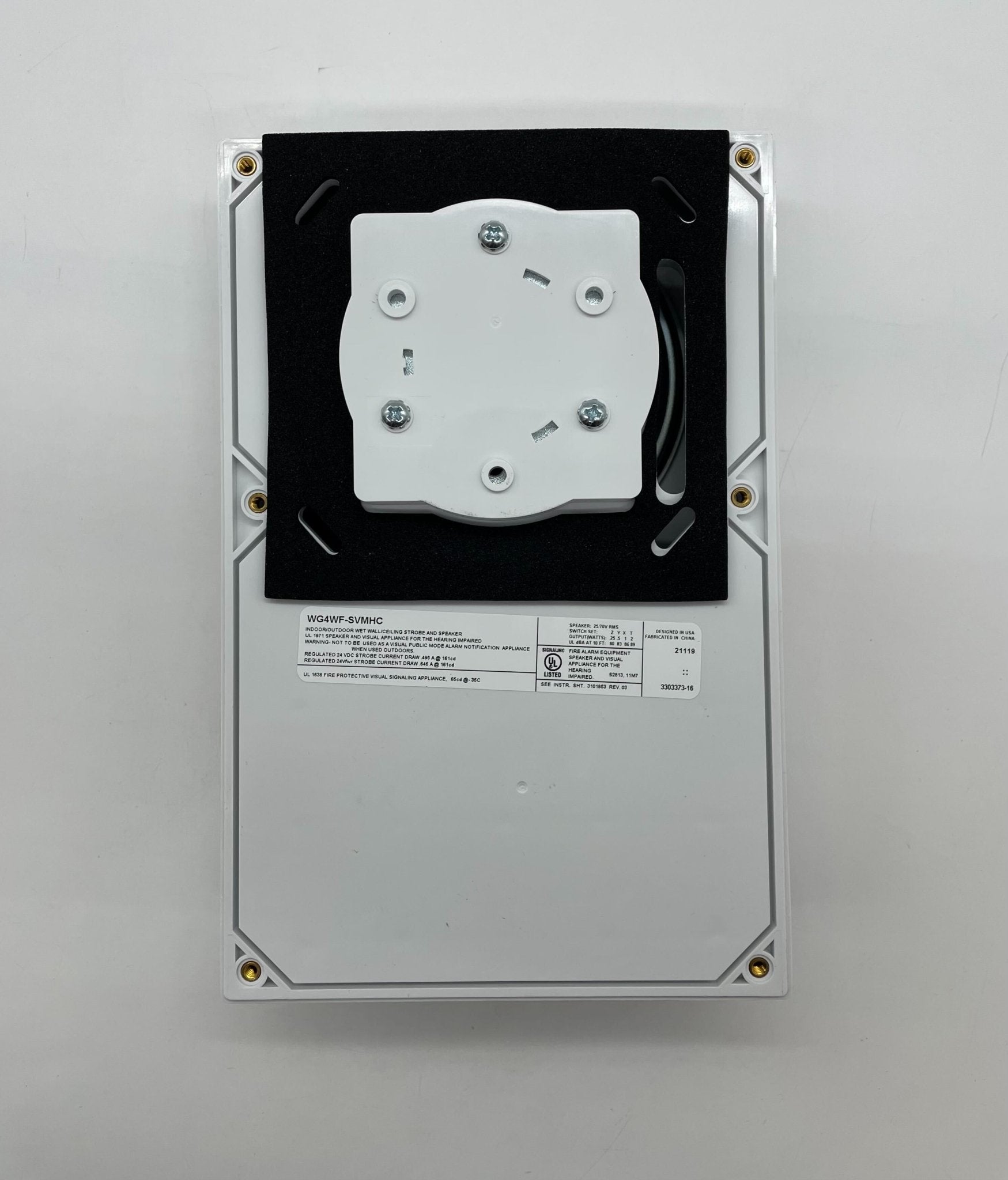 Edwards WG4WF-SVMHC speaker strobe with white faceplate and horn, mounted on a wall for fire alarm alert signaling
