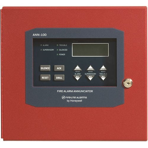 FireLite ANN-100 smoke detector mounted on ceiling, showcasing its compact design and sensor details for fire safety.
