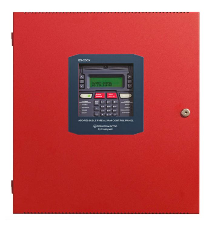 Firelite ES-200X fire alarm control panel with keypad and display, used for fire detection and safety systems.