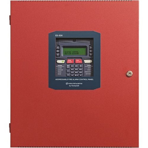 Firelite ES-50X fire alarm control panel mounted on wall, featuring display and control buttons, by Fire-Lite.