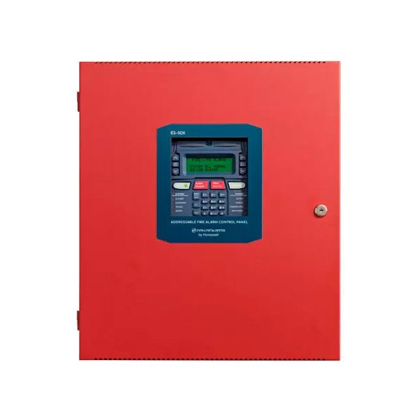 Firelite ES-50XP fire alarm control panel by Fire-Lite with LED display and control buttons, mounted on a wall.