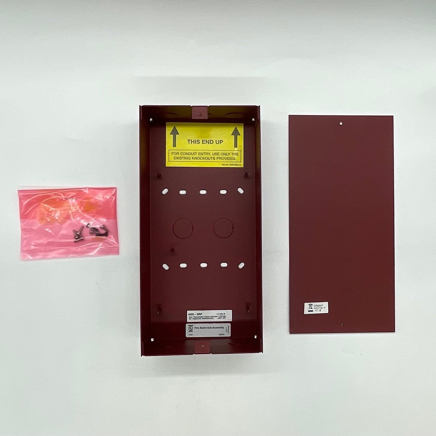 FireLite ABS-8RF emergency alarm control panel with keypad and display, used for fire alarm systems.