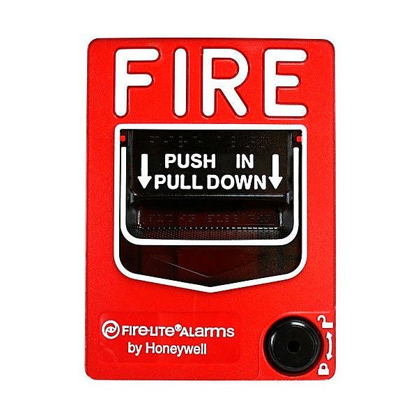 Fire-Lite BG-12 dual action pull station for fire alarms, mounted on wall, with clear labeling and sturdy metal construction.