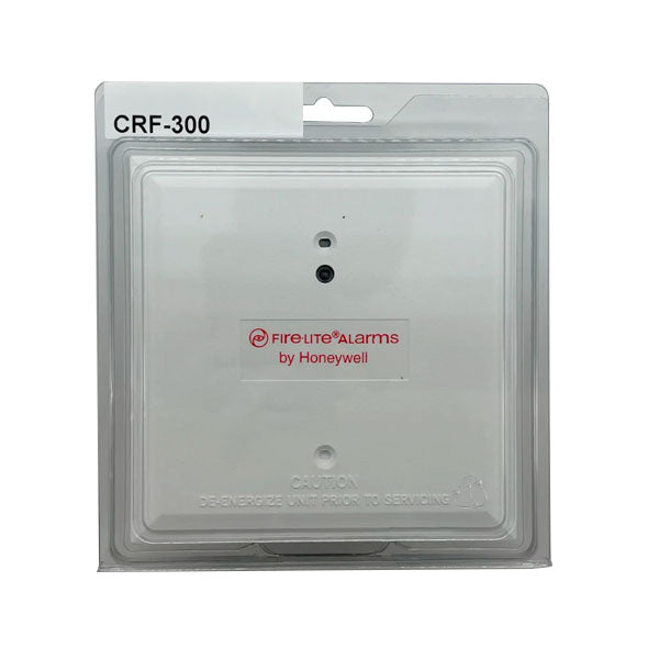 Firelite CRF-300 fire alarm control panel by Fire-Lite, mounted on a wall with visible buttons and display screen.