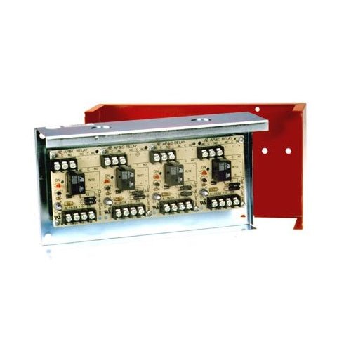 Fire-Lite MR-104/CR fire alarm control relay module with wiring and mounting components, used for fire alarm systems.