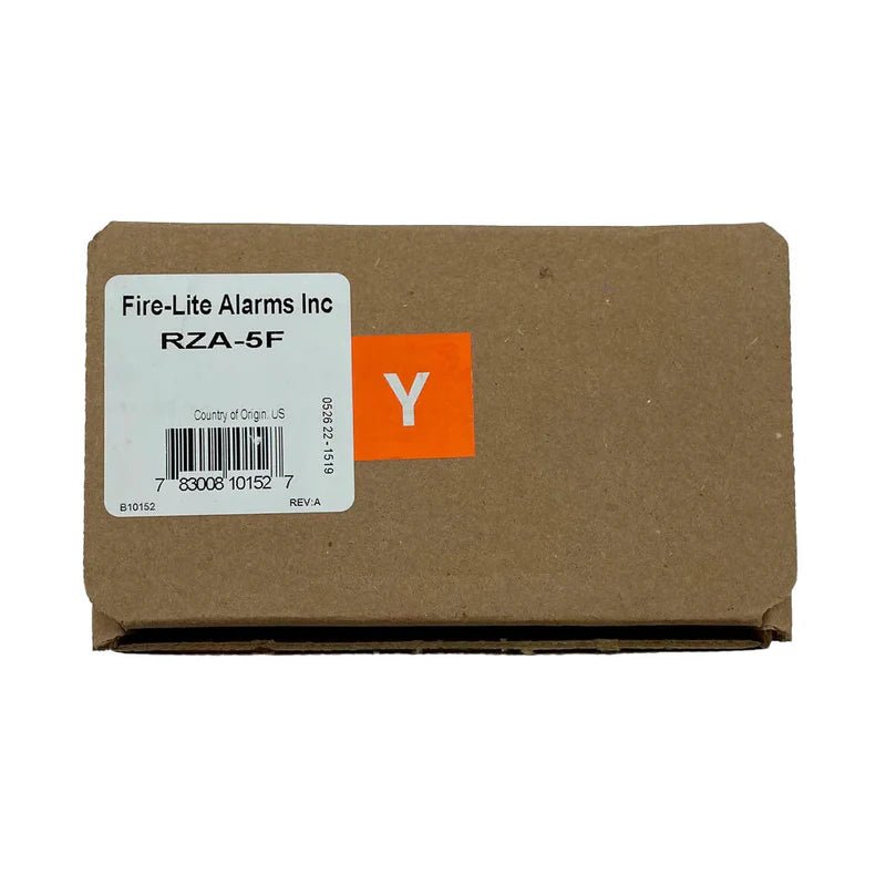 Firelite RZA-5F fire alarm control panel by Fire-Lite, with detailed view of the device's interface and components.