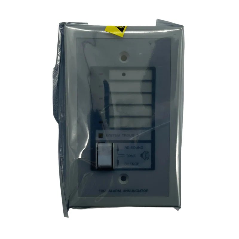 Firelite RZA-5F fire alarm control panel mounted on wall, with display and control buttons for fire safety system.