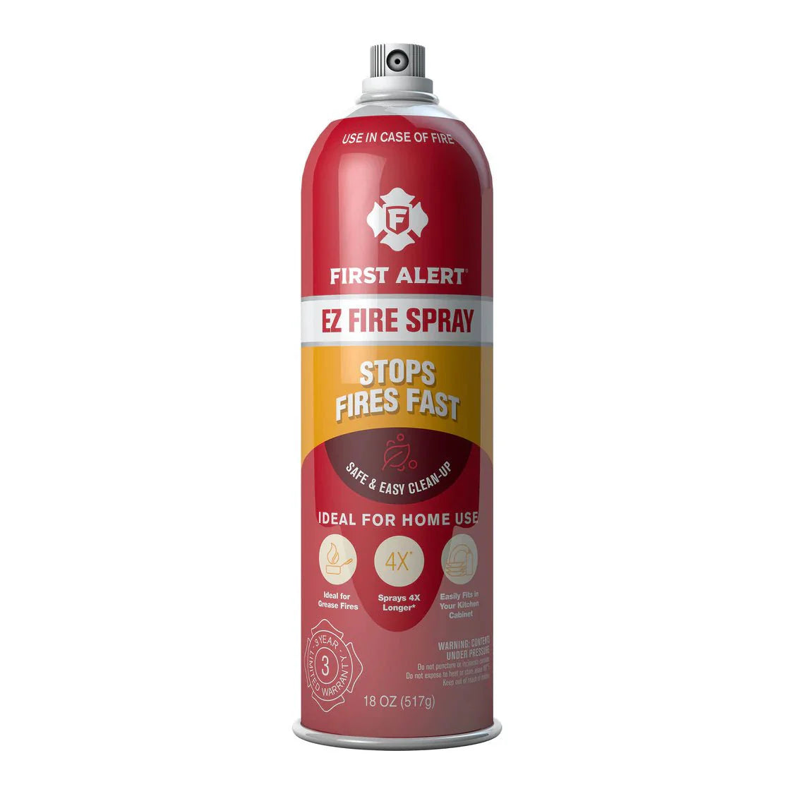 First Alert AF400 fire extinguisher mounted on a wall with a clear label and safety instructions visible