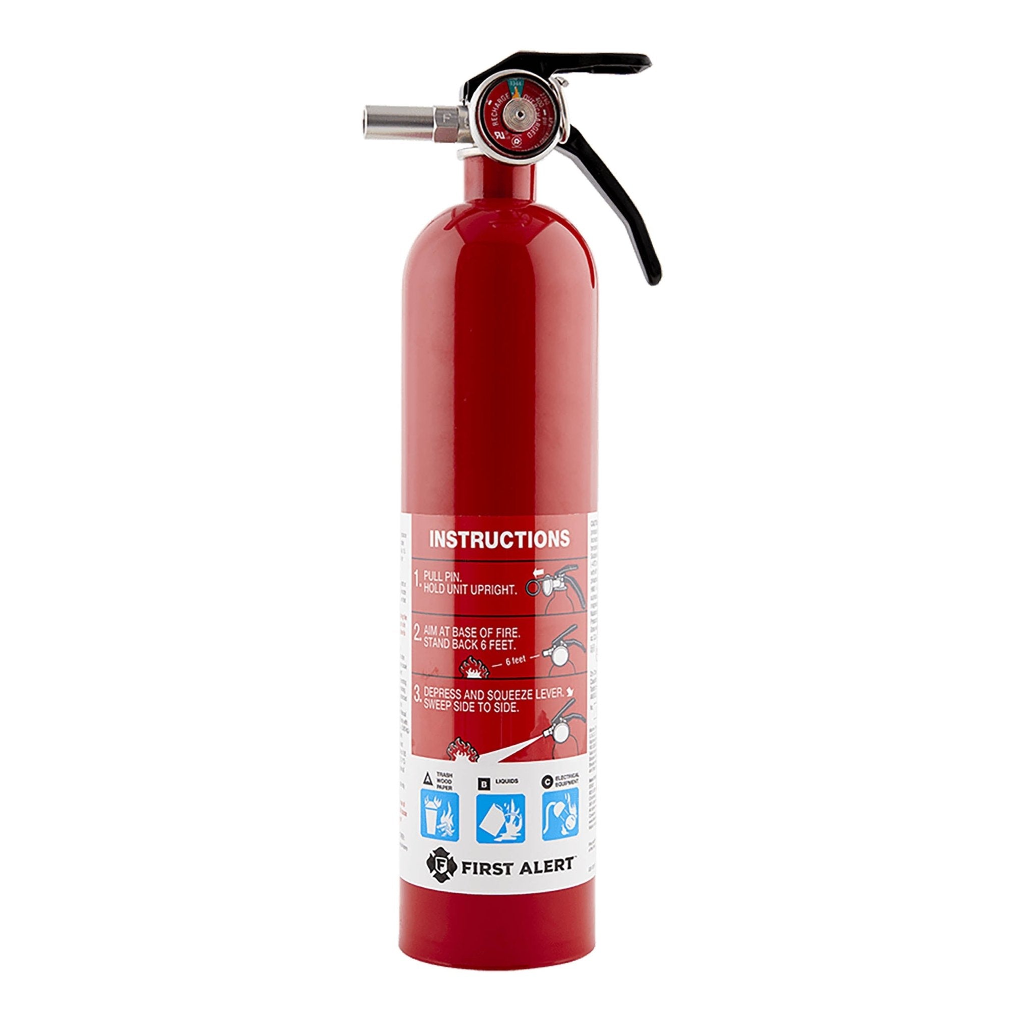 First Alert FE1A10GR smoke and carbon monoxide detector mounted on a ceiling, with alarm indicators visible.