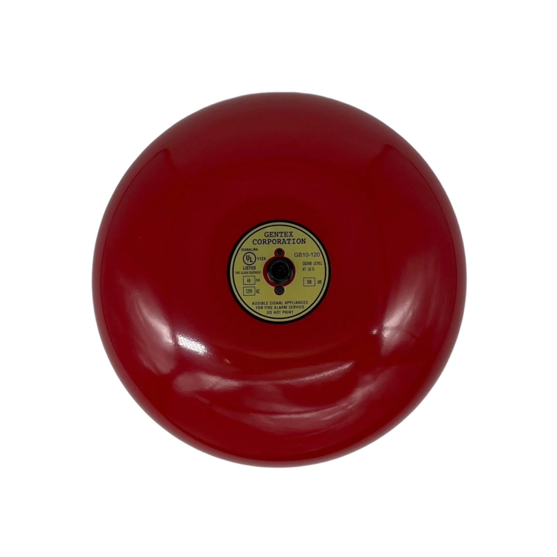 Gentex GB10-120 10-inch fire alarm bell, black metal bell with mounting bracket, used for fire alarm systems.