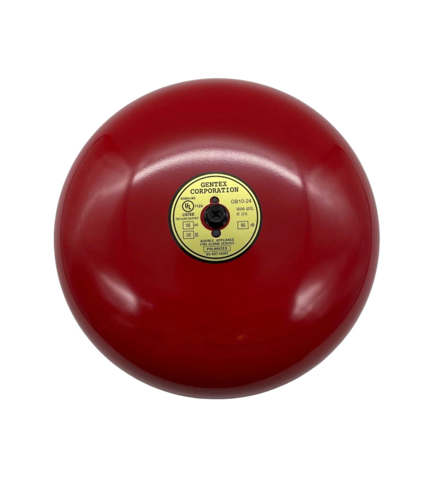 Gentex GB10-24 10-inch fire alarm bell mounted on wall, with metal housing and mounting bracket, used for emergency alert systems.