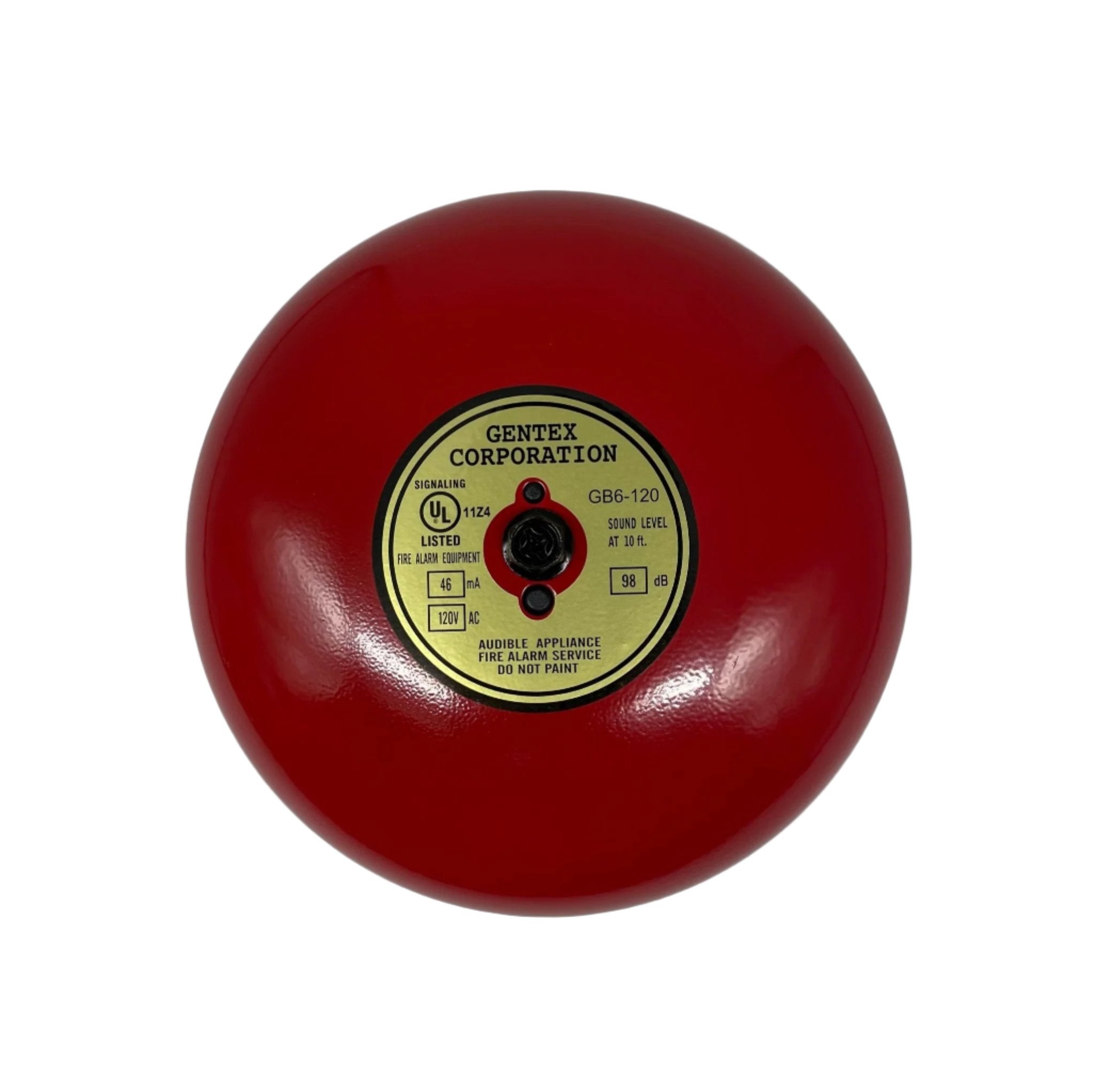 Gentex GB6-120 6-inch fire alarm bell mounted on wall, silver metal construction, used for emergency alert systems