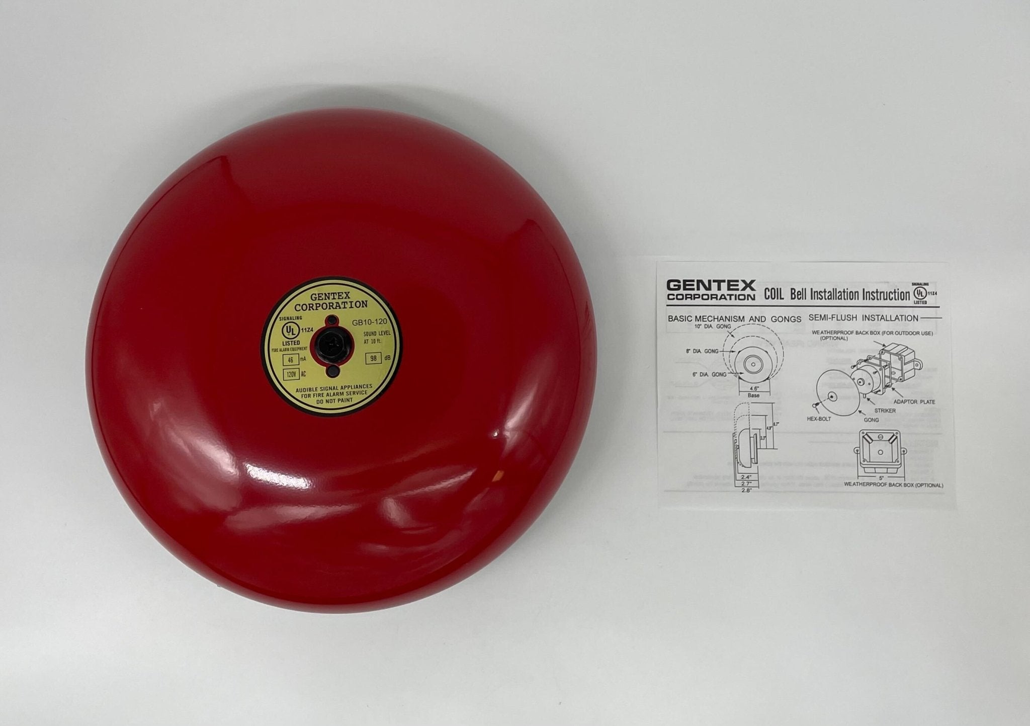 Gentex GB10-120 10-inch fire alarm bell, metal bell with mounting bracket, used for emergency alert systems.