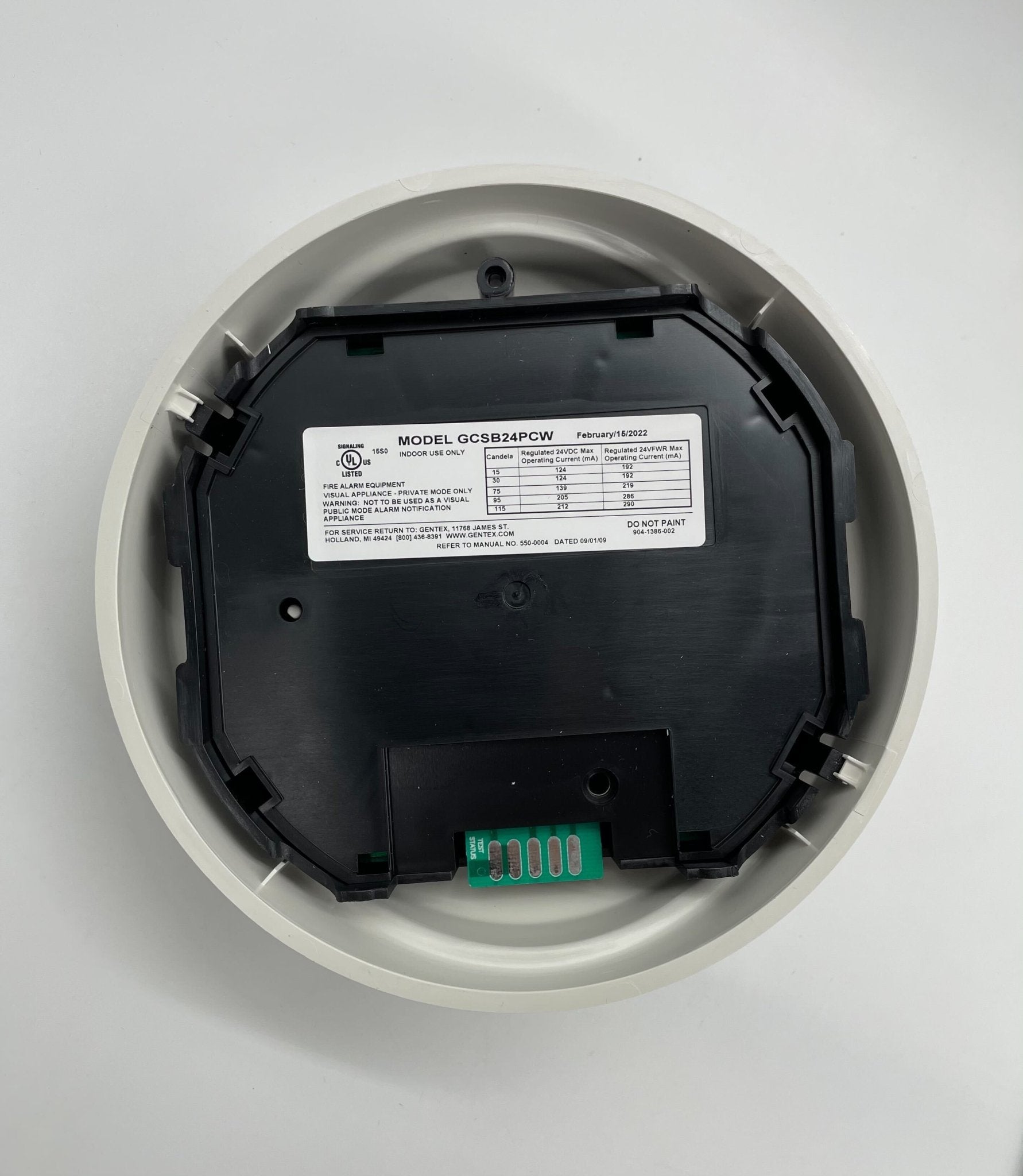 Gentex GCSB24PCW strobe light with white housing and clear lens, designed for emergency signaling and visual alert systems.