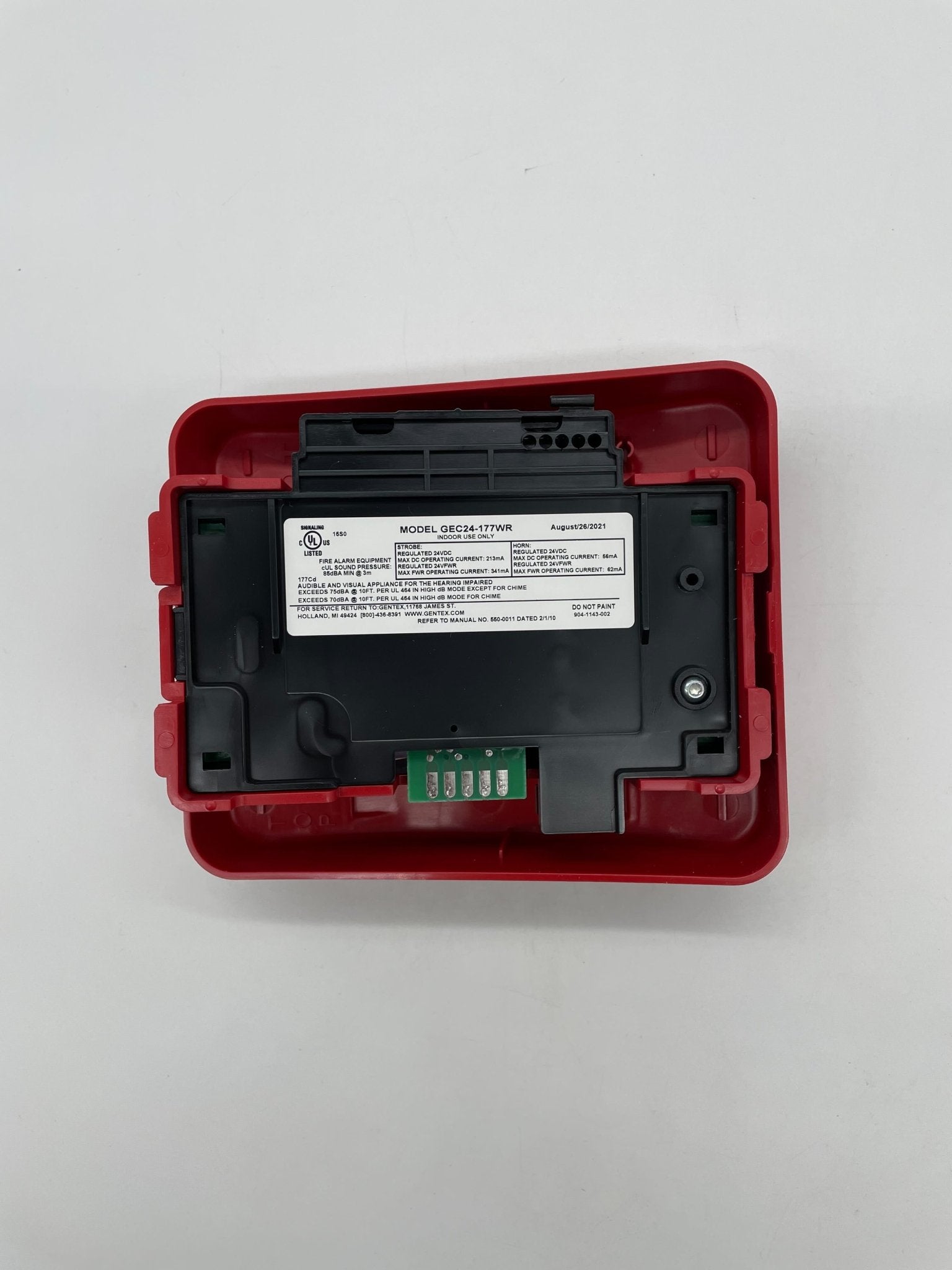 Gentex GEC24-177WR horn strobe alarm device with red housing and mounting base, designed for fire safety and alert systems