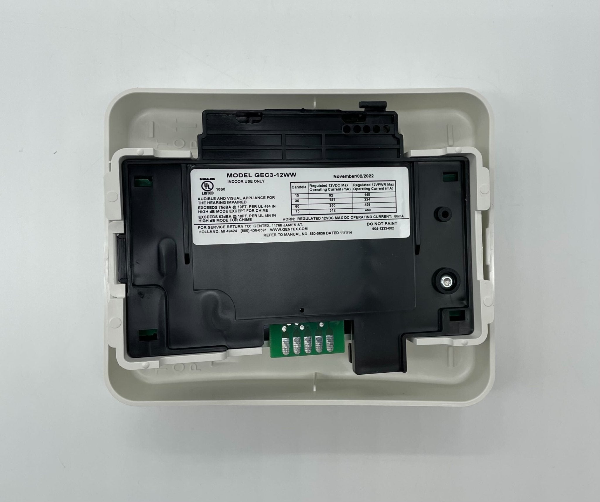 Gentex GEC3-12WW horn strobe alarm with white housing and clear lens, designed for fire and safety alert systems.