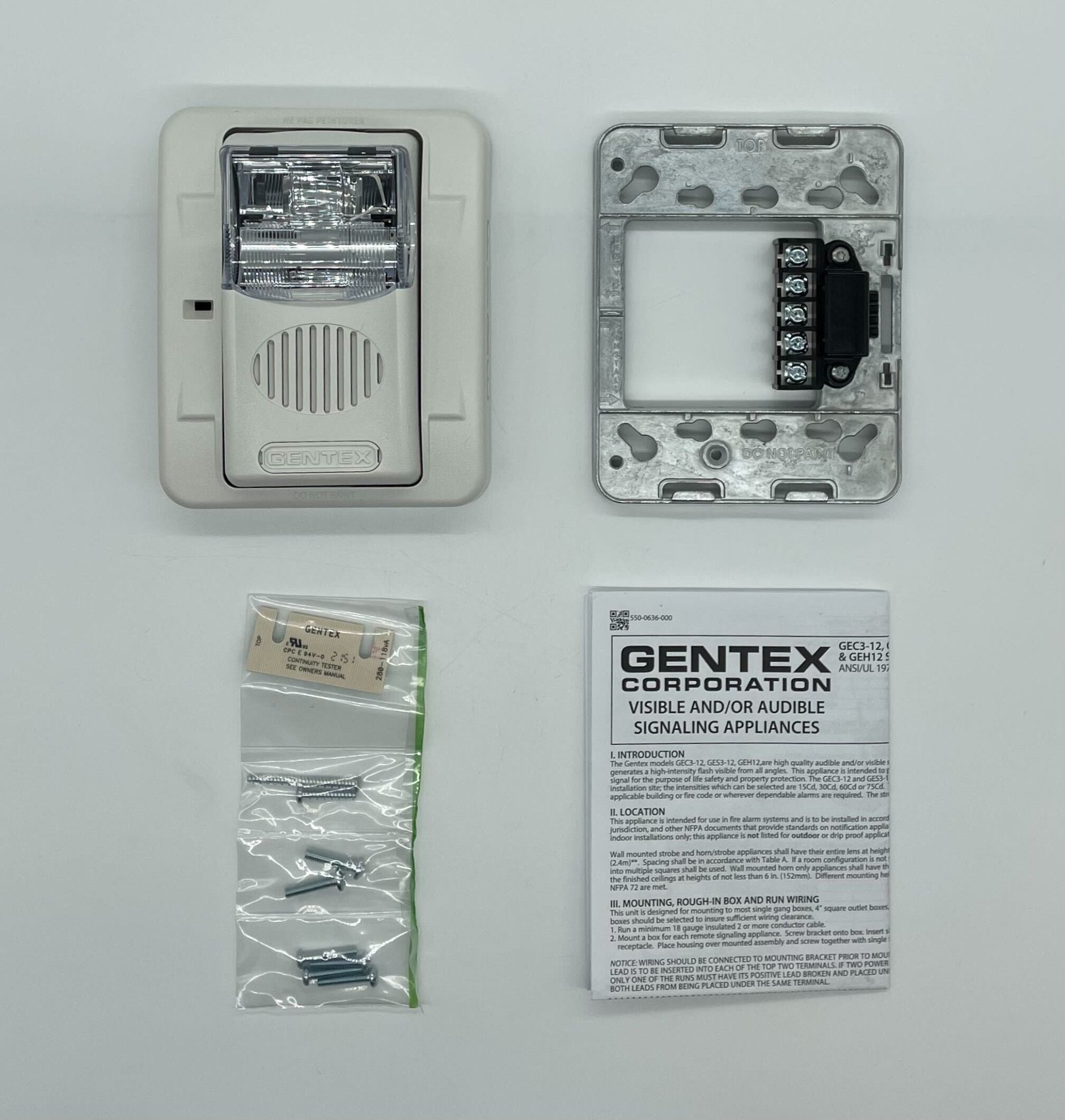 Gentex GEC3-12WW horn strobe alarm with white housing and clear lens, designed for fire and safety notifications.