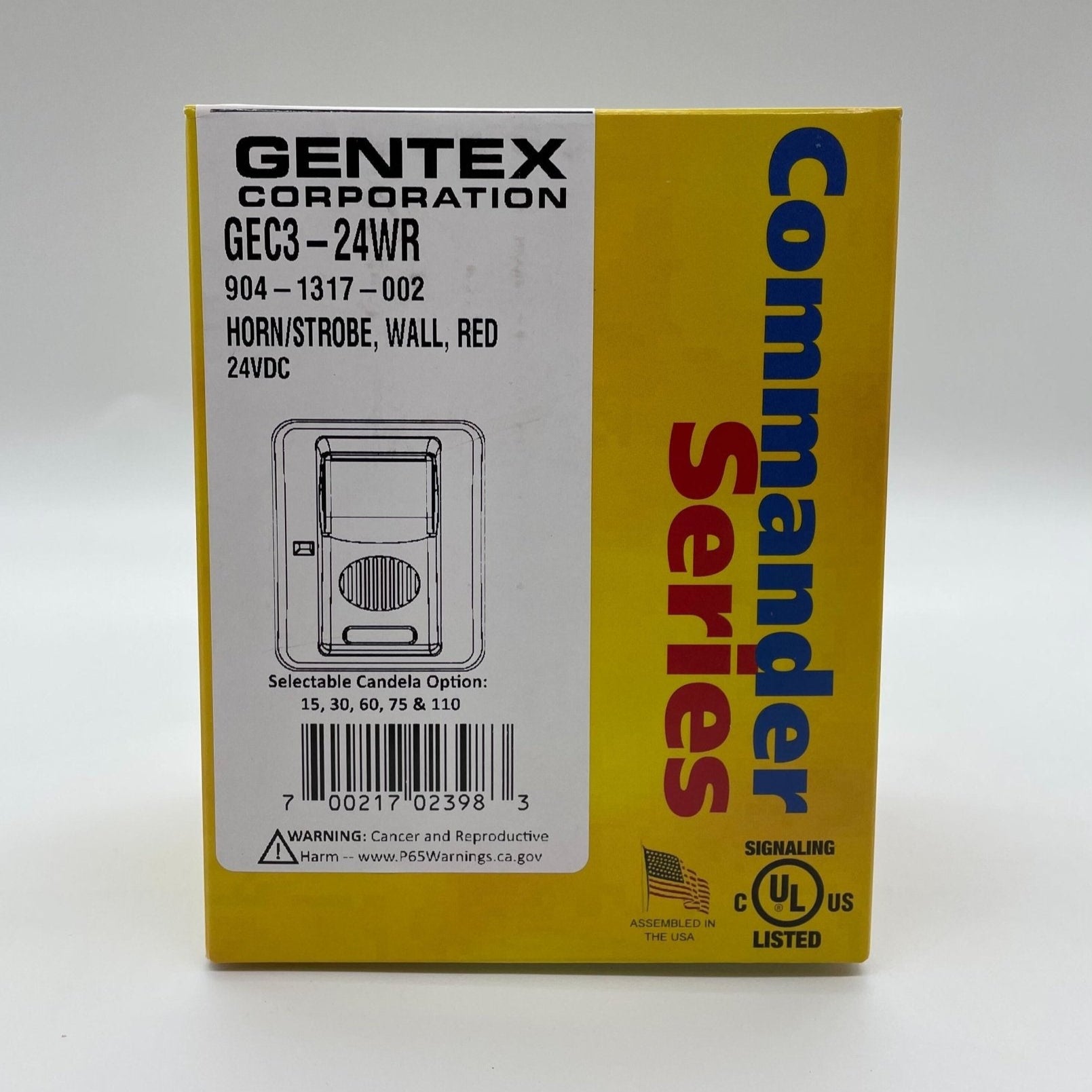 Gentex GEC3-24WR horn strobe alarm with red housing and mounting bracket, designed for fire safety and emergency alert systems.