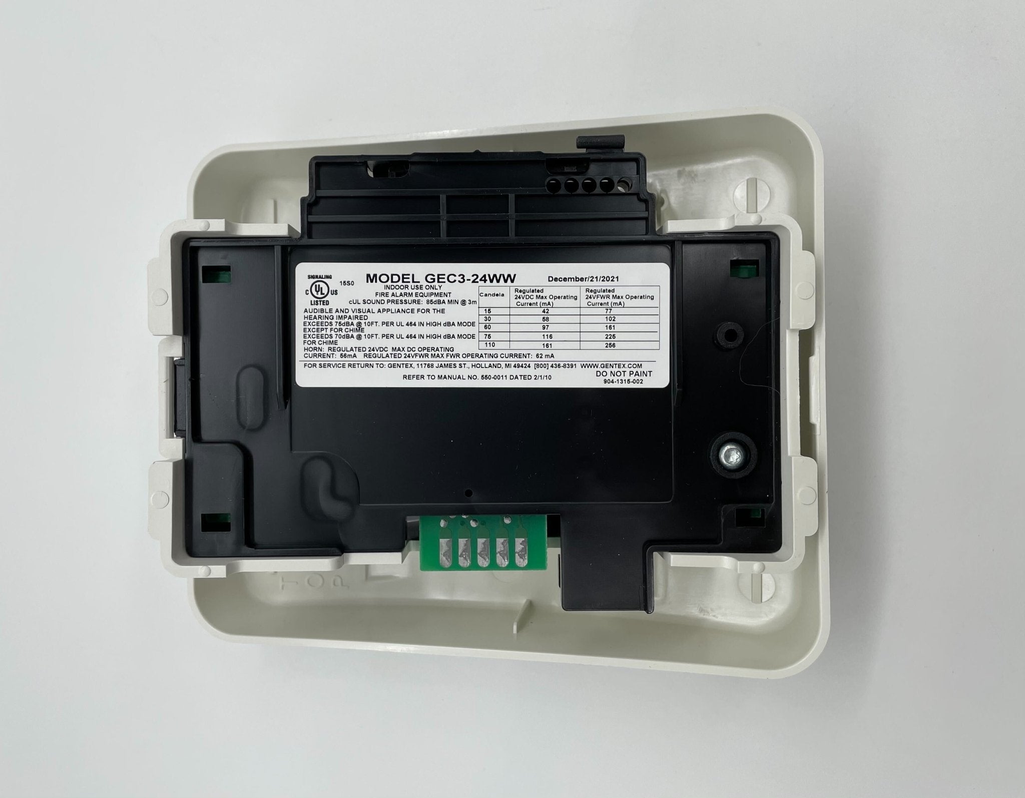 Gentex GEC3-24WW horn strobe emergency alarm with white housing and flashing light for safety and alert signaling.