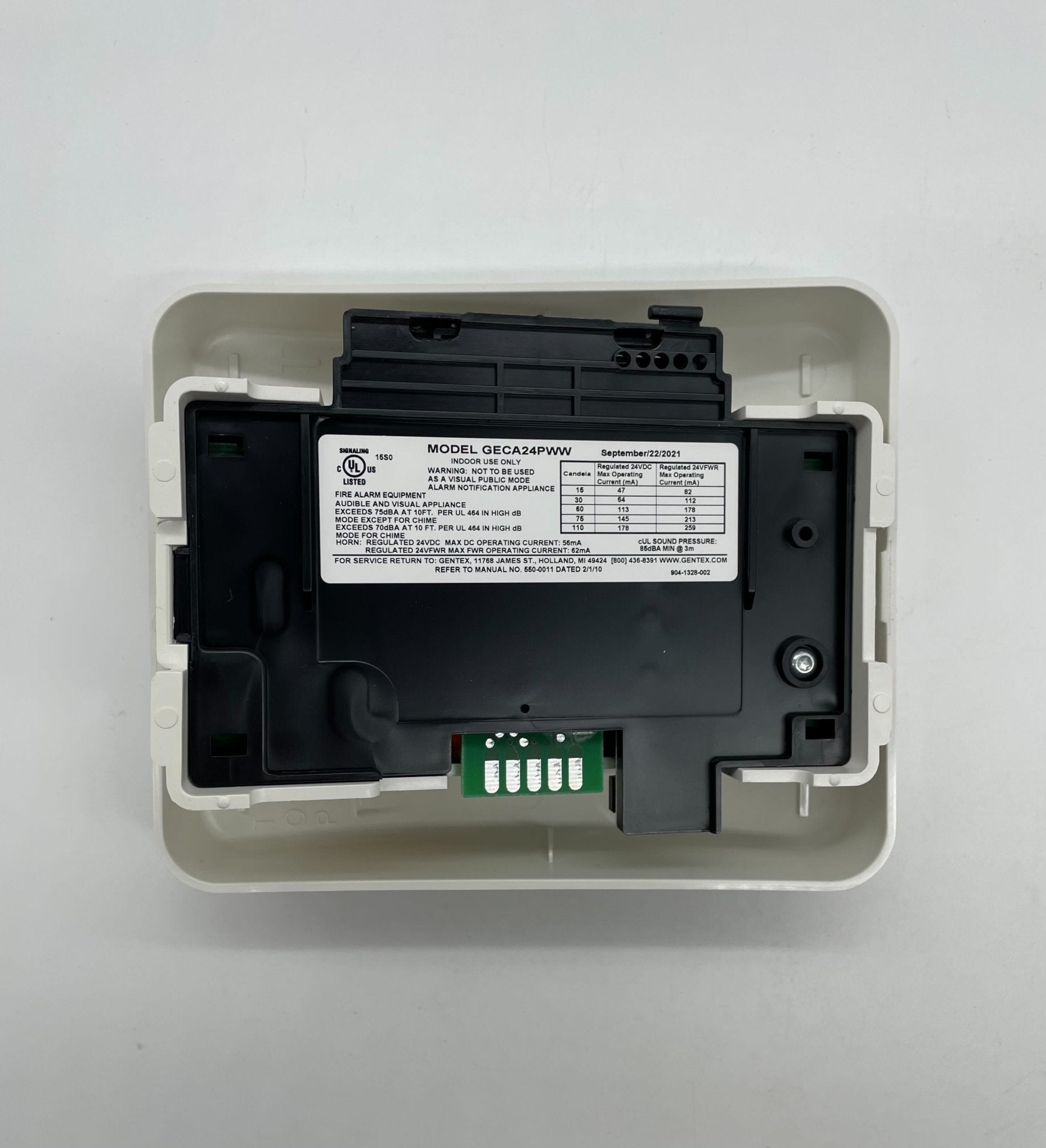Gentex GECA24PWW horn strobe alarm device with white housing, mounted on a wall for fire safety and emergency alerting.