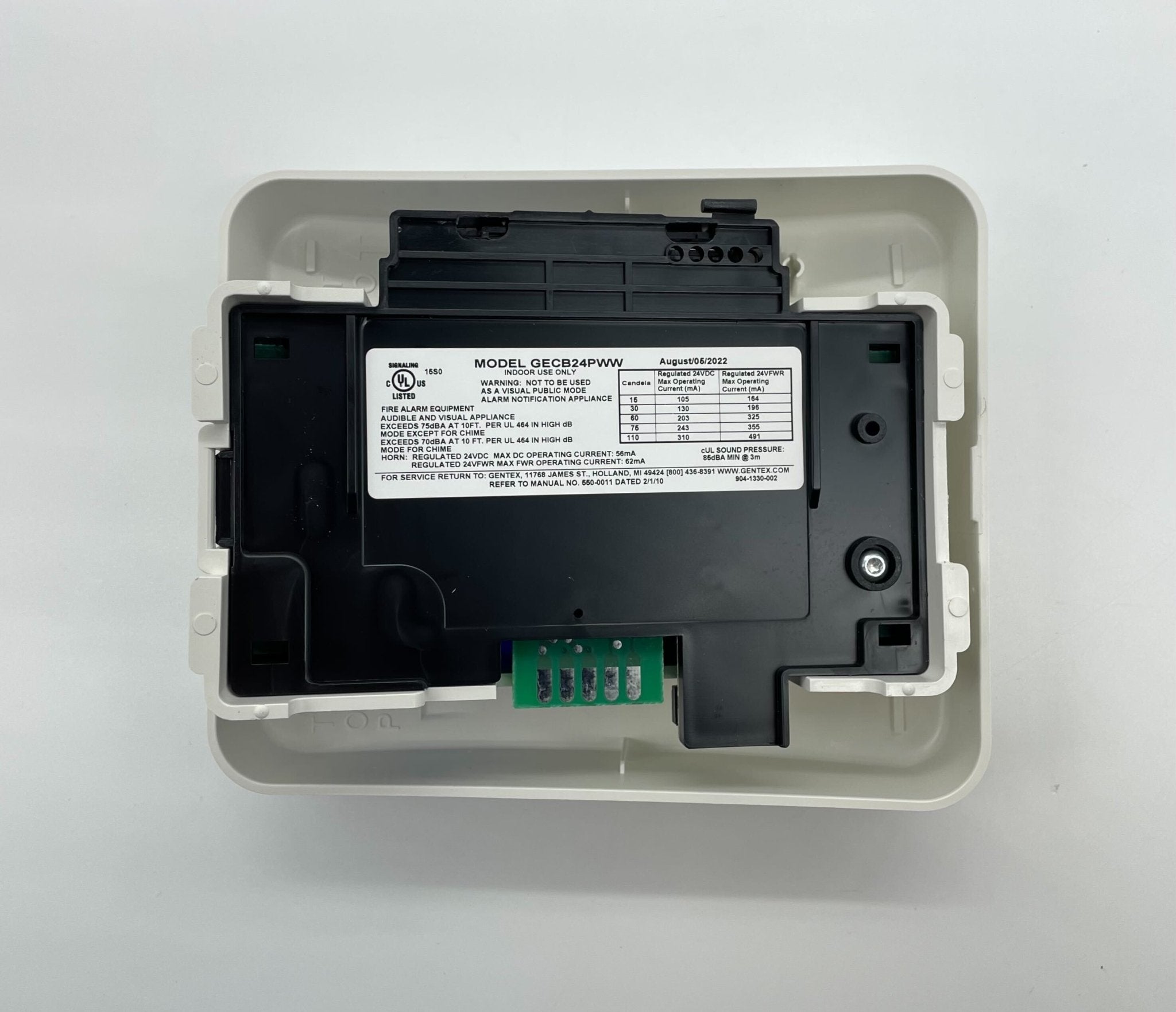 Gentex GECB24PWW horn strobe alarm device with white housing, designed for fire and emergency signaling.
