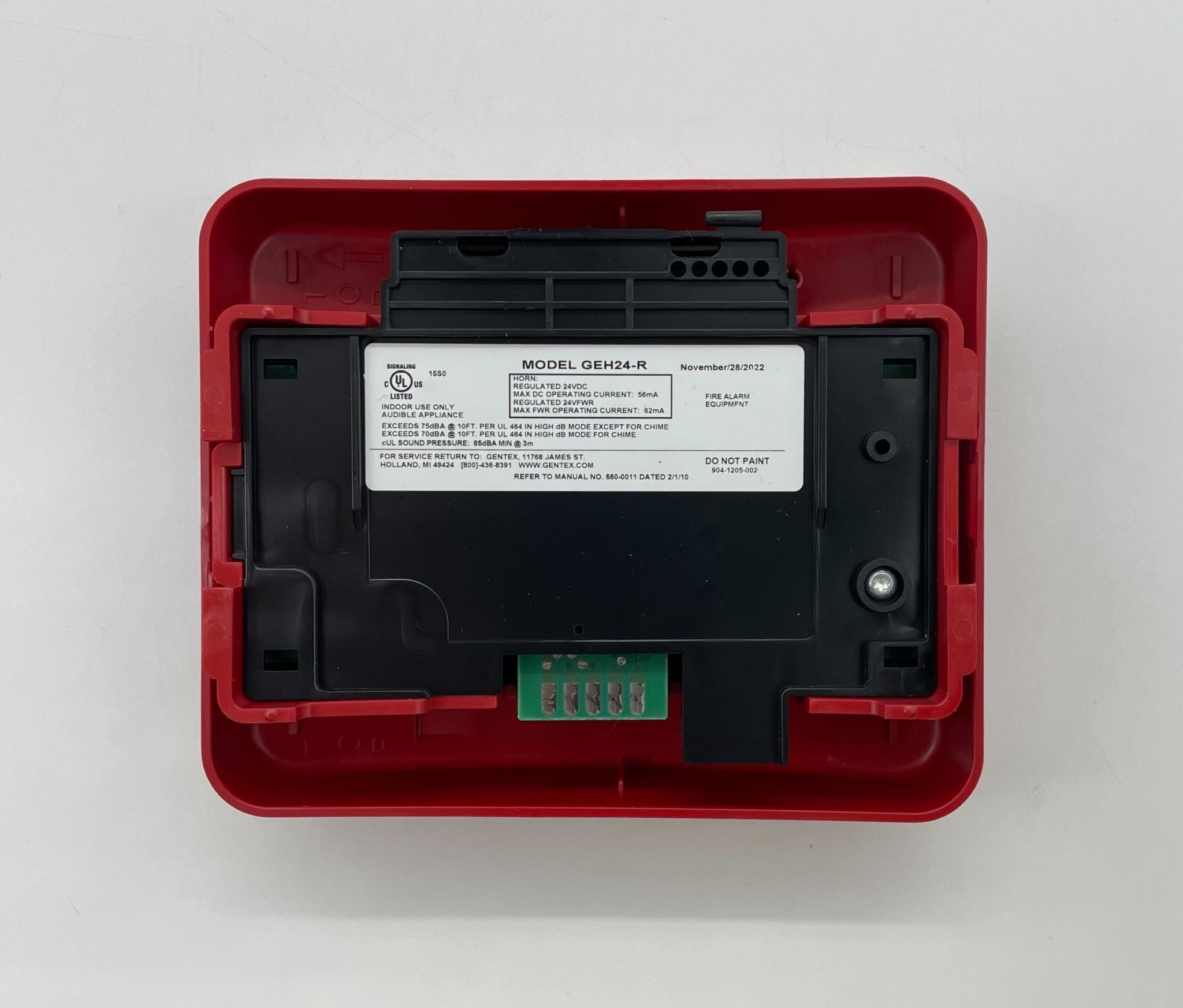 Gentex GEH24-R horn mounted on vehicle, with red and black wiring visible, designed for vehicle alert systems.