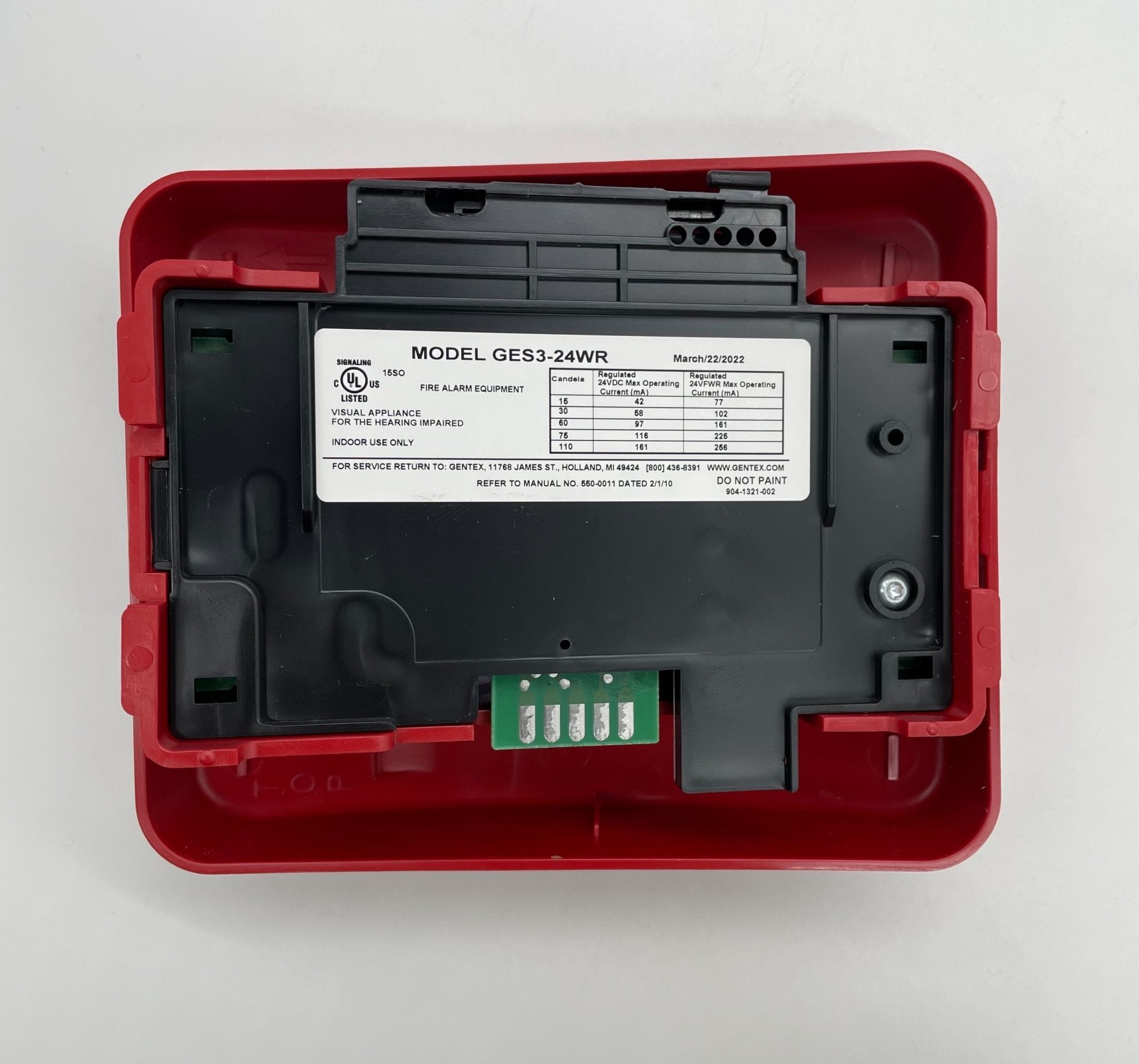 Gentex GES3-24WR strobe light with clear lens and mounting bracket, designed for emergency signaling and safety applications.