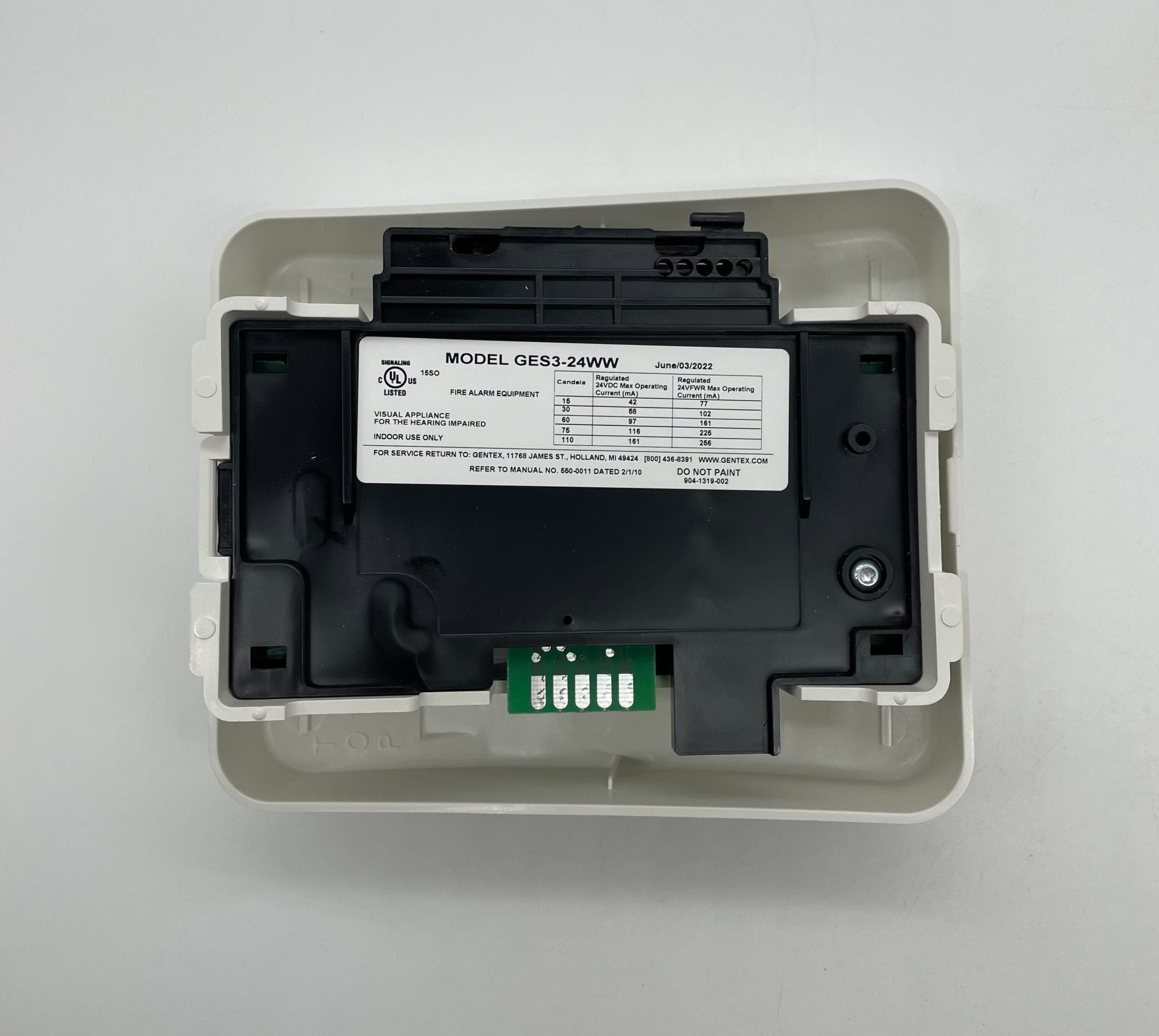 Gentex GES3-24WW strobe light with clear lens and mounting bracket, designed for emergency signaling and safety applications.