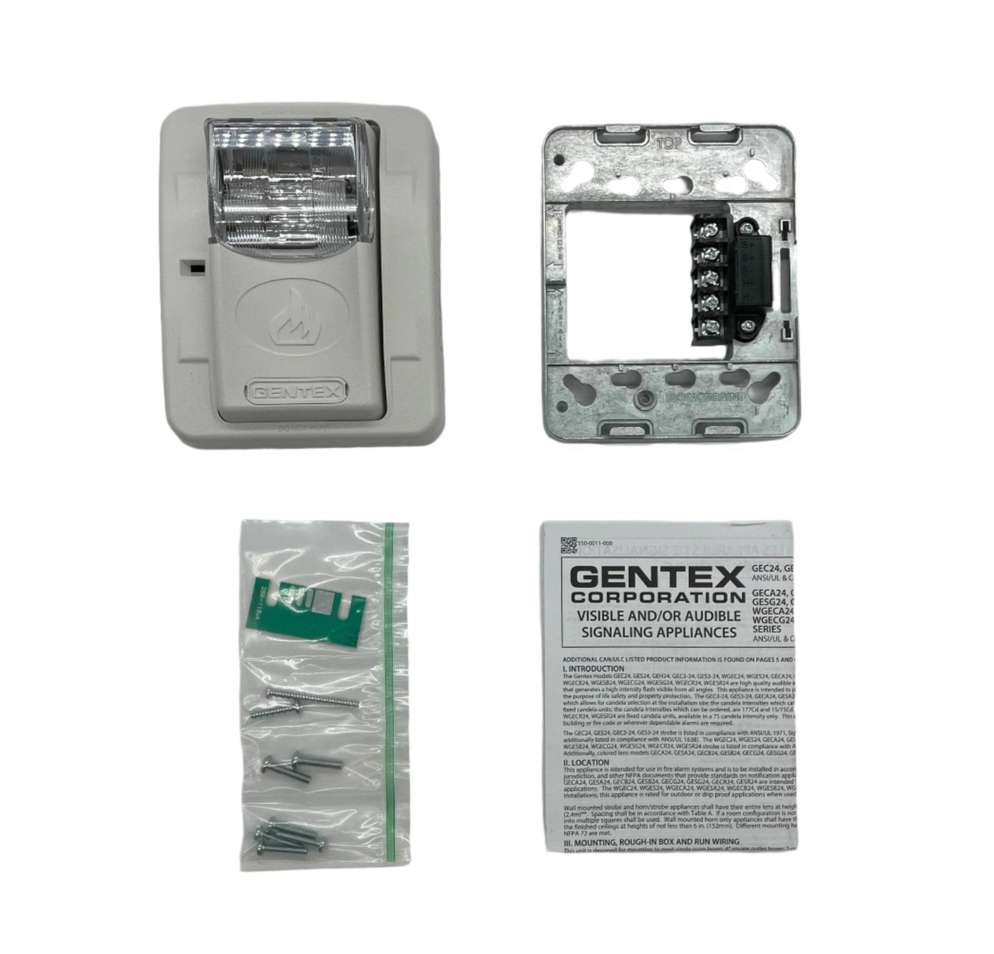 Gentex GES3-24WW strobe light with white lens, mounted on a ceiling for emergency signaling and safety illumination.