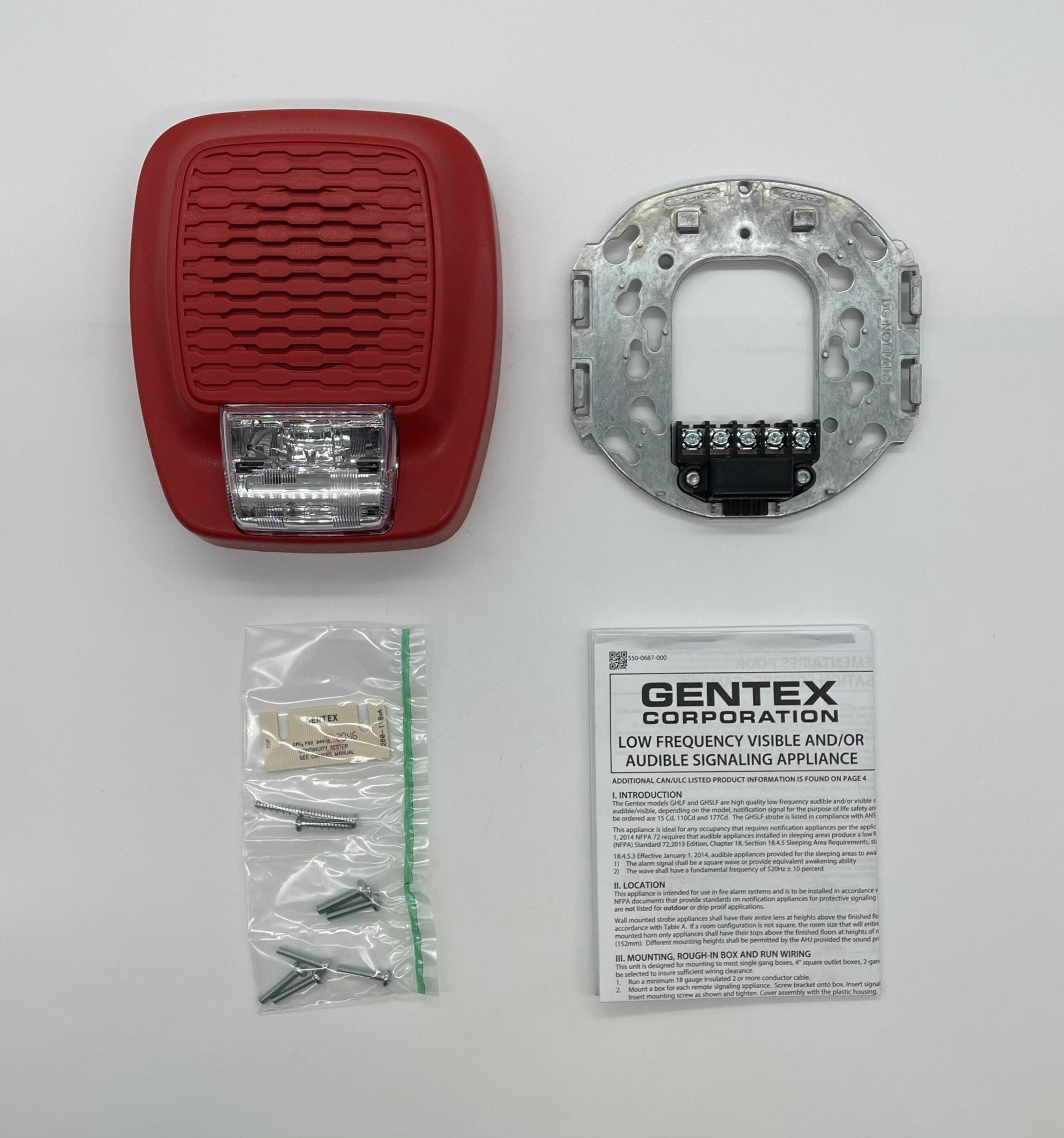 Gentex GHSLF110R low frequency horn strobe with red housing and mounting bracket, designed for fire alarm systems.