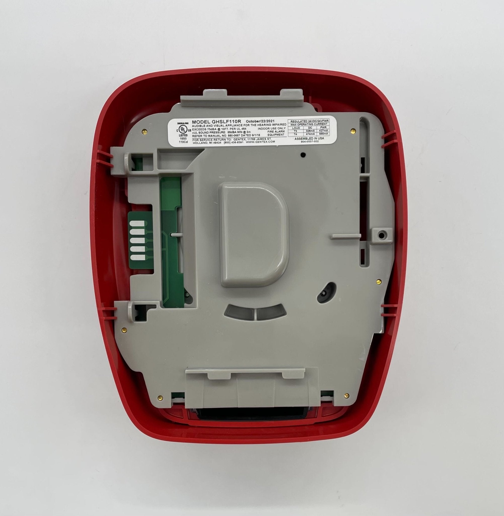 Gentex GHSLF110R low frequency horn strobe alarm with red casing and mounting bracket, designed for fire safety systems.