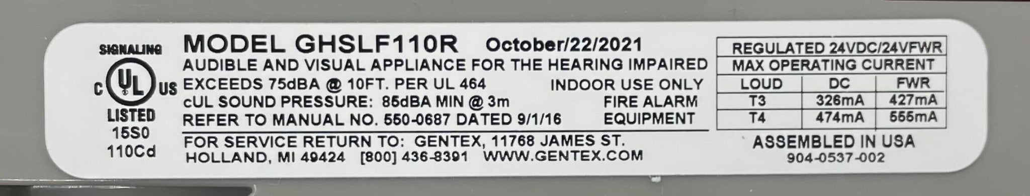 Gentex GHSLF110R low frequency horn strobe alarm with red housing and mounting bracket, designed for fire safety signaling.
