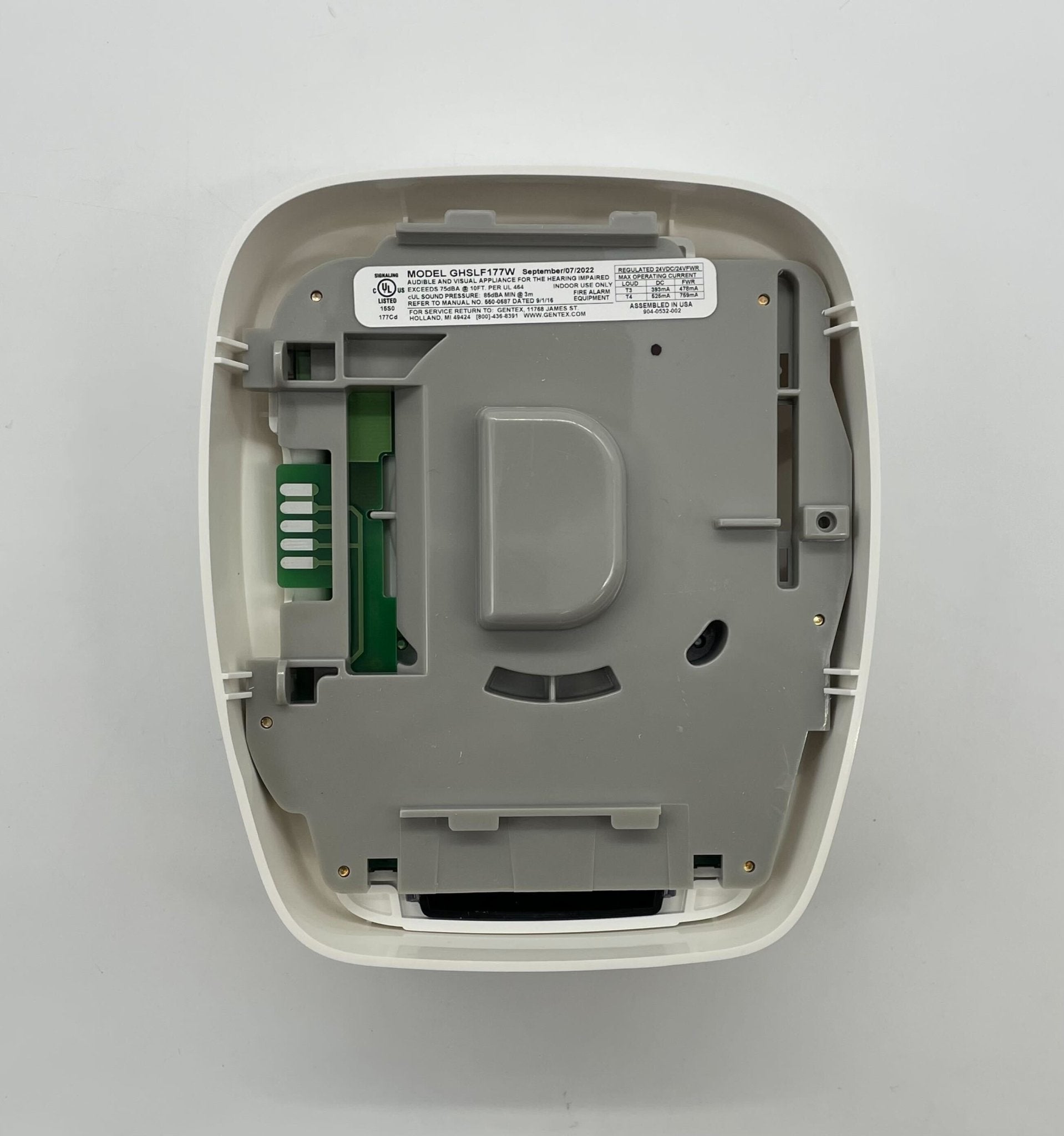 Gentex GHSLF177W horn strobe alarm with white casing and mounting bracket, designed for emergency notification systems.