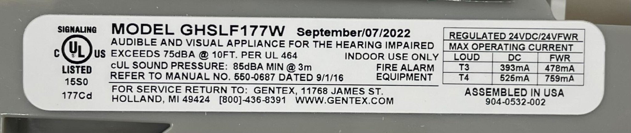 Gentex GHSLF177W horn strobe alarm with white housing and red horn, designed for emergency notification systems.