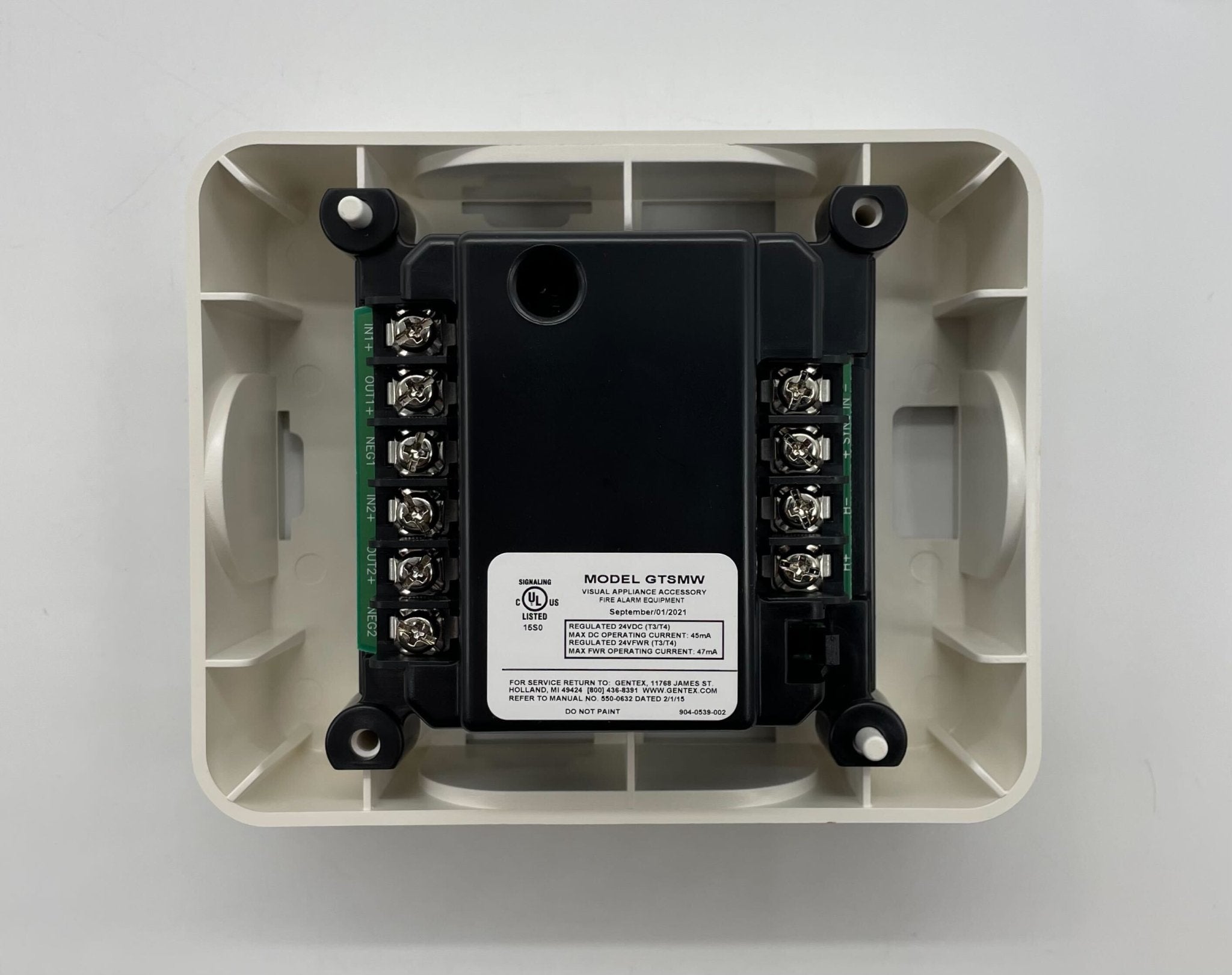 Gentex GTSM-W gangable synchronization module for alarm systems, shown with connections and mounting features.