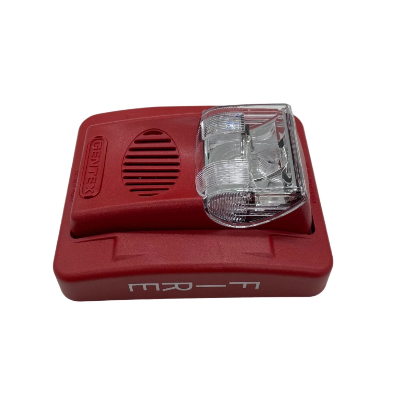 Gentex GEC24-177WR horn strobe alarm with red casing and mounting bracket, designed for fire and security warning systems.