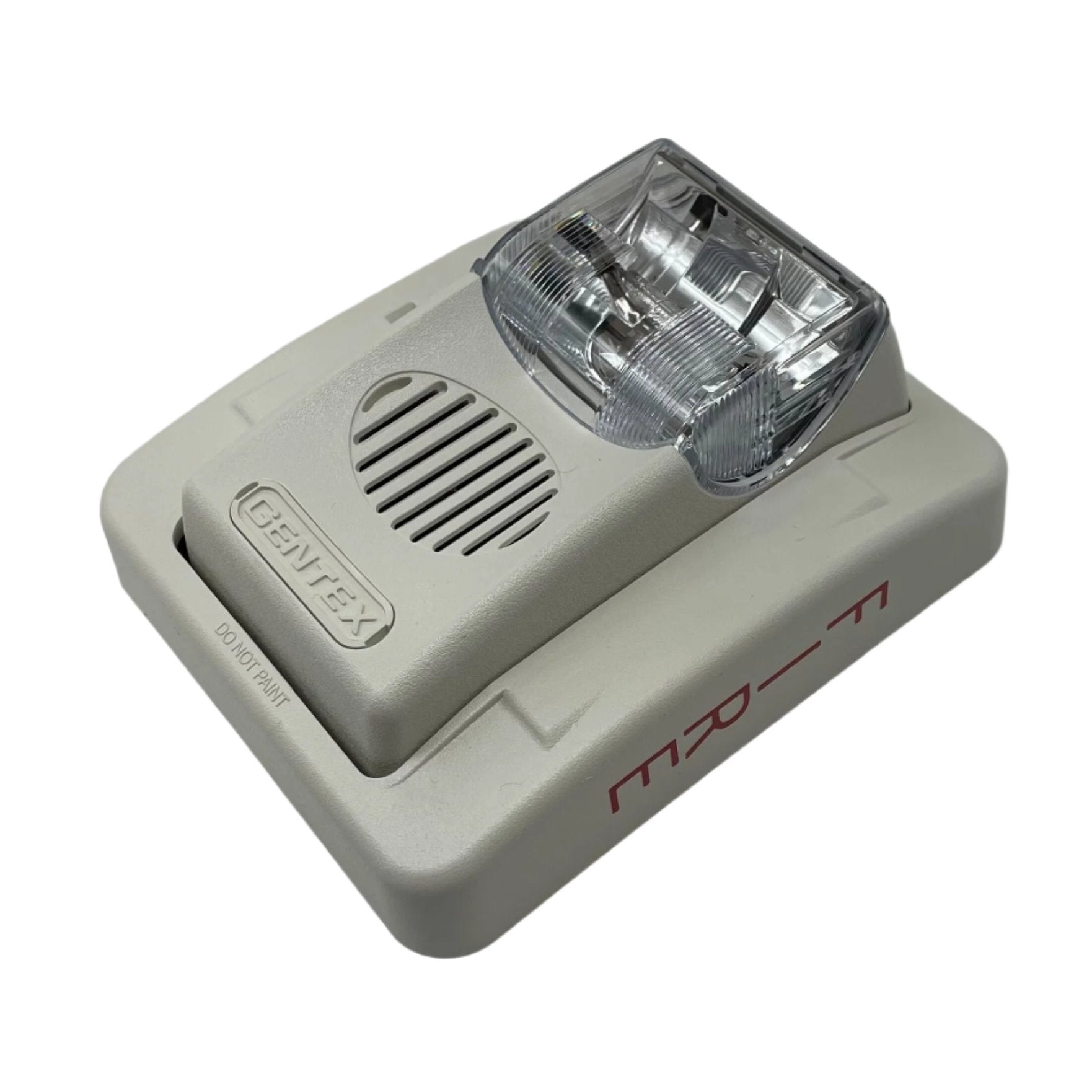 Gentex GEC3-12WW horn strobe with white cover and red alarm horn, designed for fire safety and emergency signaling.
