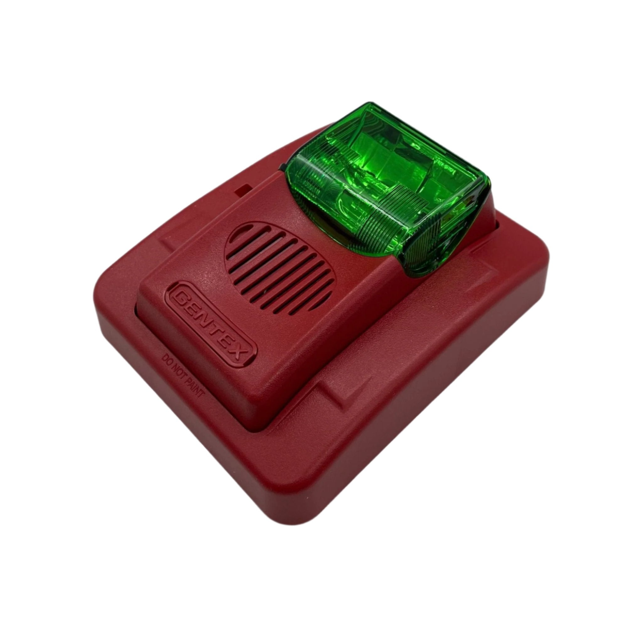 Gentex GECG24PWR horn strobe with green lens, visible in the image, designed for fire alarm and emergency notification systems.