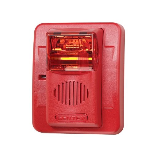 Gentex GECR24PWR horn strobe alarm device with red housing and mounting bracket, used for fire safety and emergency signaling.
