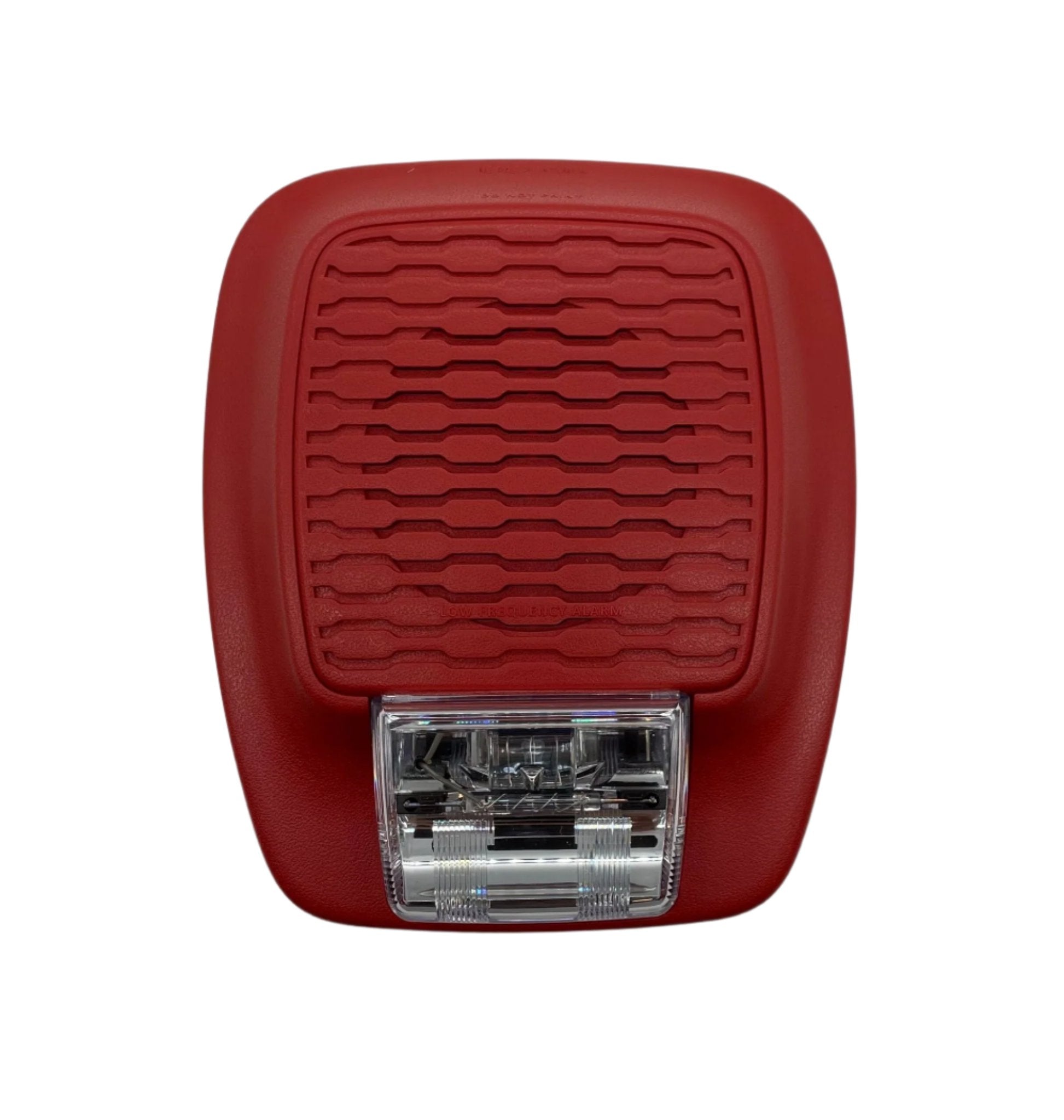 Gentex GHSLF110R low frequency horn strobe with red housing and mounting bracket for fire alarm signaling.