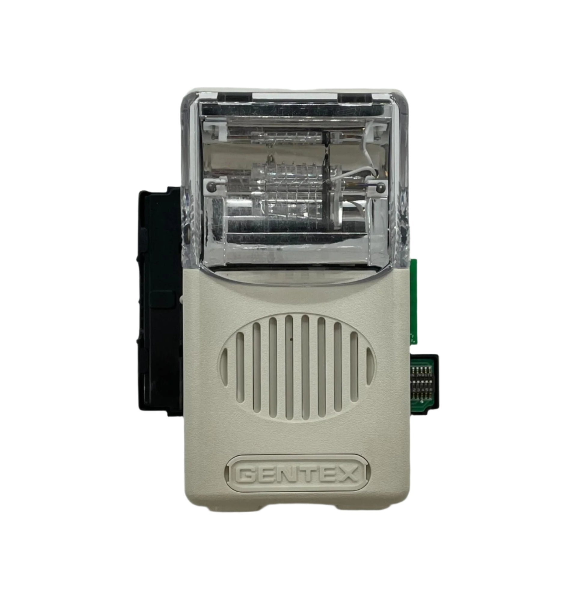 Gentex WGEC24-75PWW fire alarm system sensor with ULC certification mounted on a ceiling in a building
