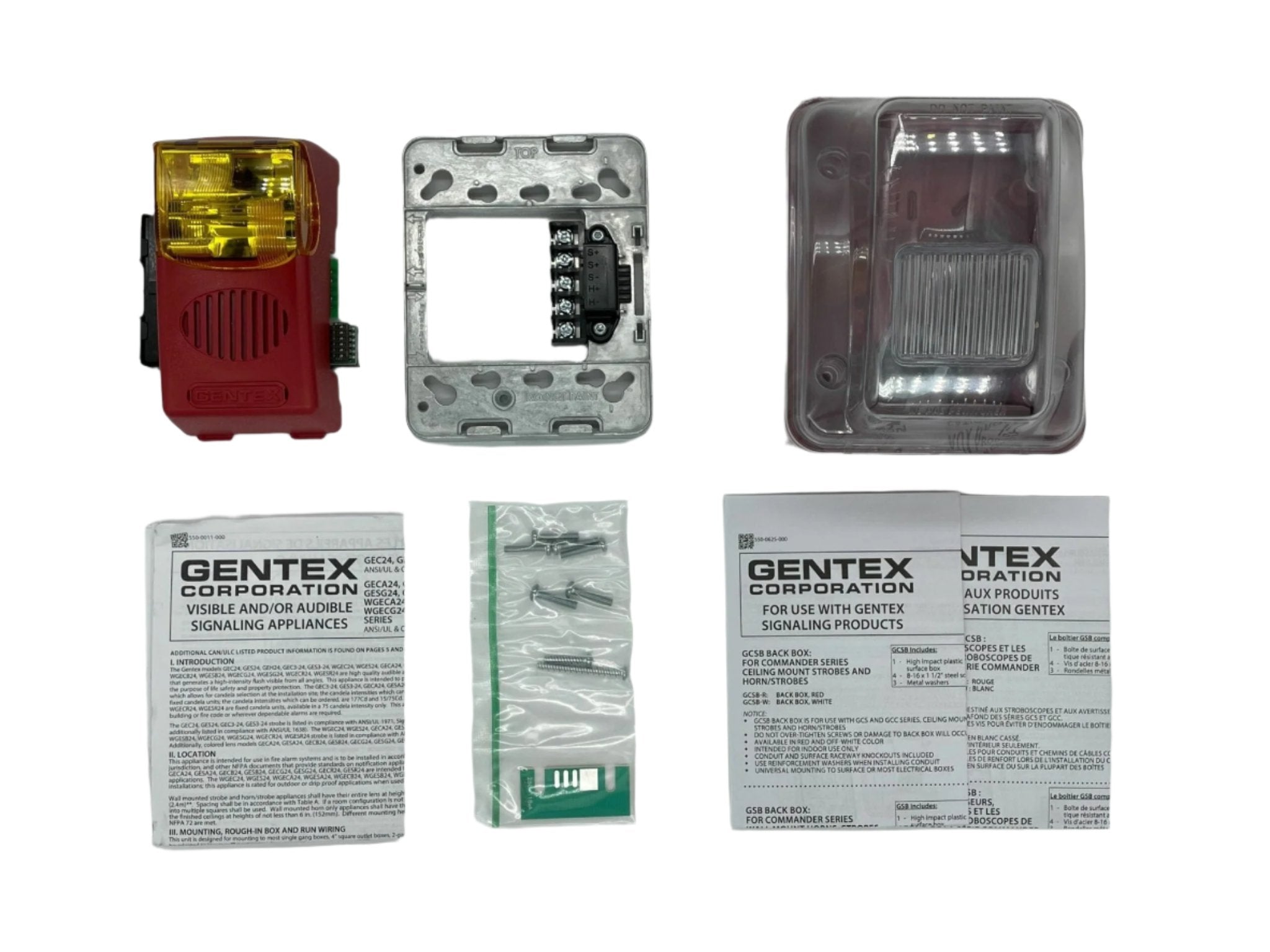 Gentex WGECA24-75PWR outdoor horn strobe with red housing and mounting bracket, designed for fire alarm notification systems.