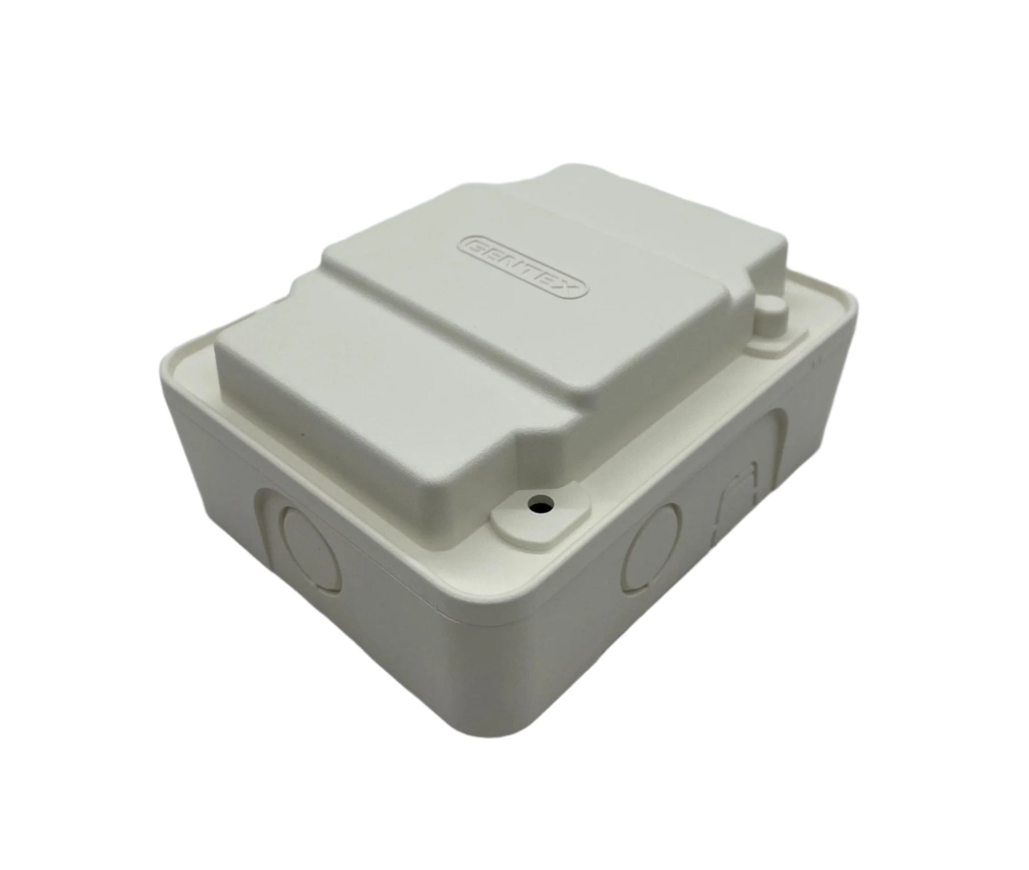 Gentex AVSM-W synchronization control module in white, showing its compact design and connection ports for vehicle lighting systems.
