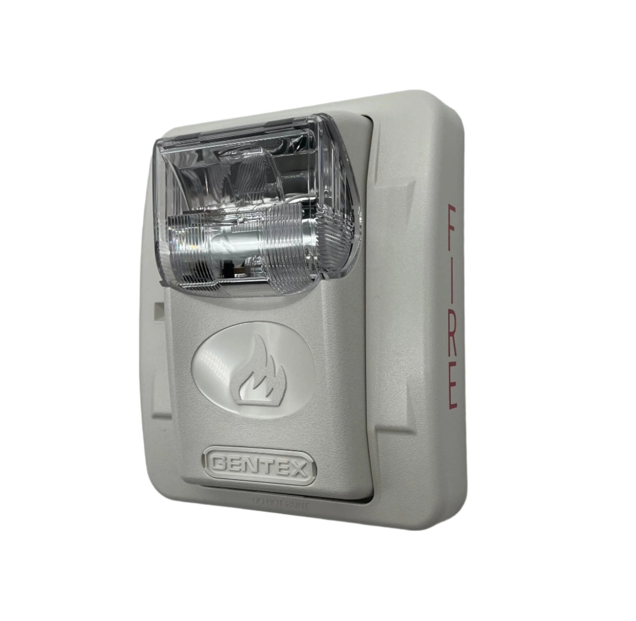 Gentex GES3-24WW strobe light with clear lens and mounting bracket, designed for emergency signaling and fire alarm systems.